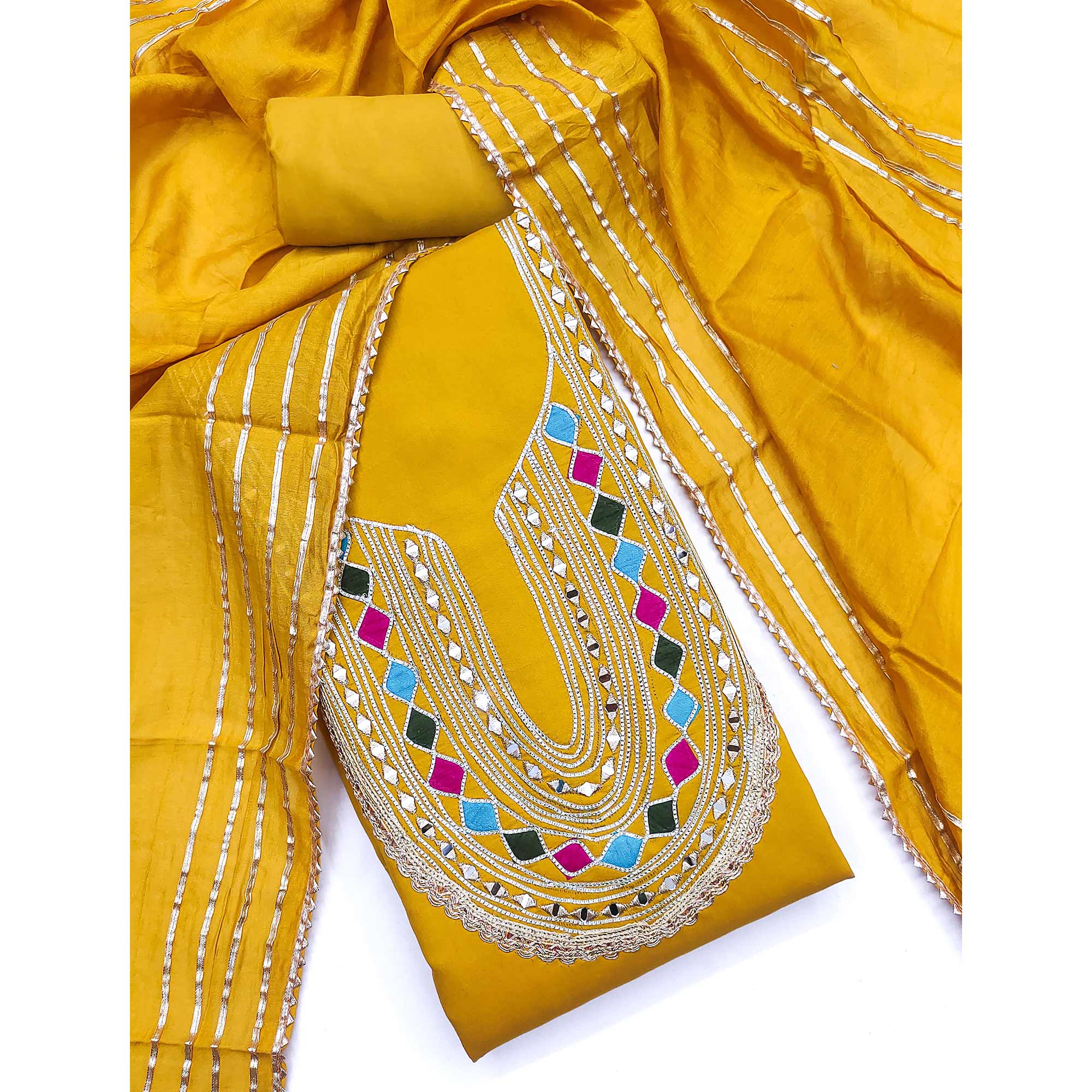 Mustard Embroidered Chanderi Cotton Dress Material With Reflective Mirror & Gota Patti Work