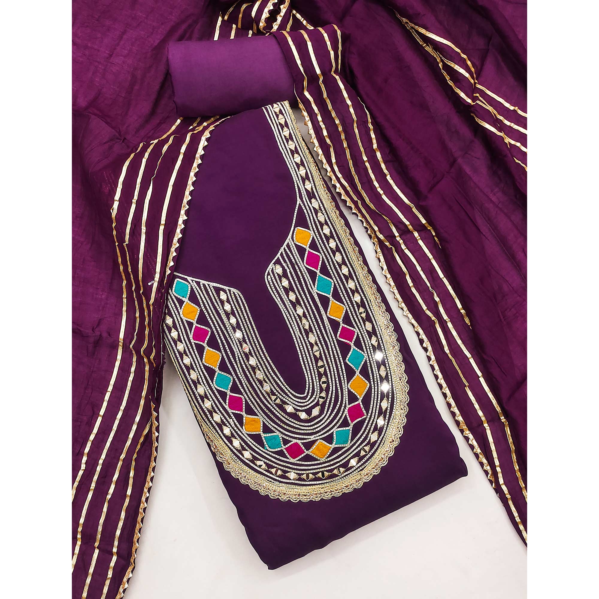 Purple Embroidered Chanderi Cotton Dress Material With Reflective Mirror & Gota Patti Work