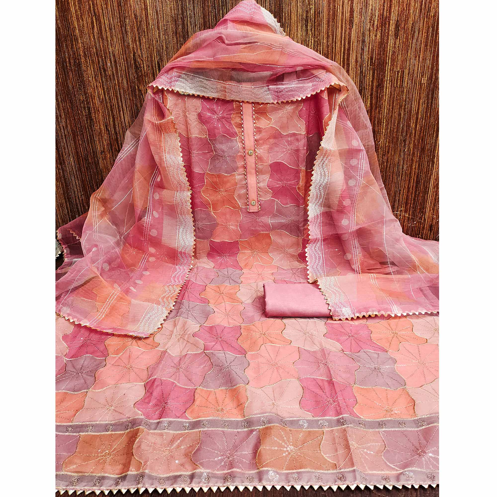 Pink Organza Suit Material with Delicate Sequins Embroidery to Elevate Your Look
