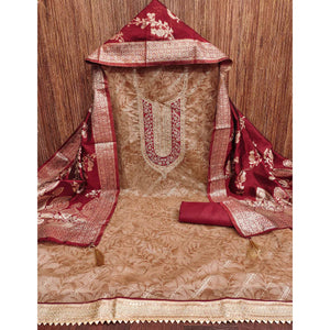 Dusty Peach Printed Chanderi Silk Dress Material With Elegant Sequins & Cording Embroidery