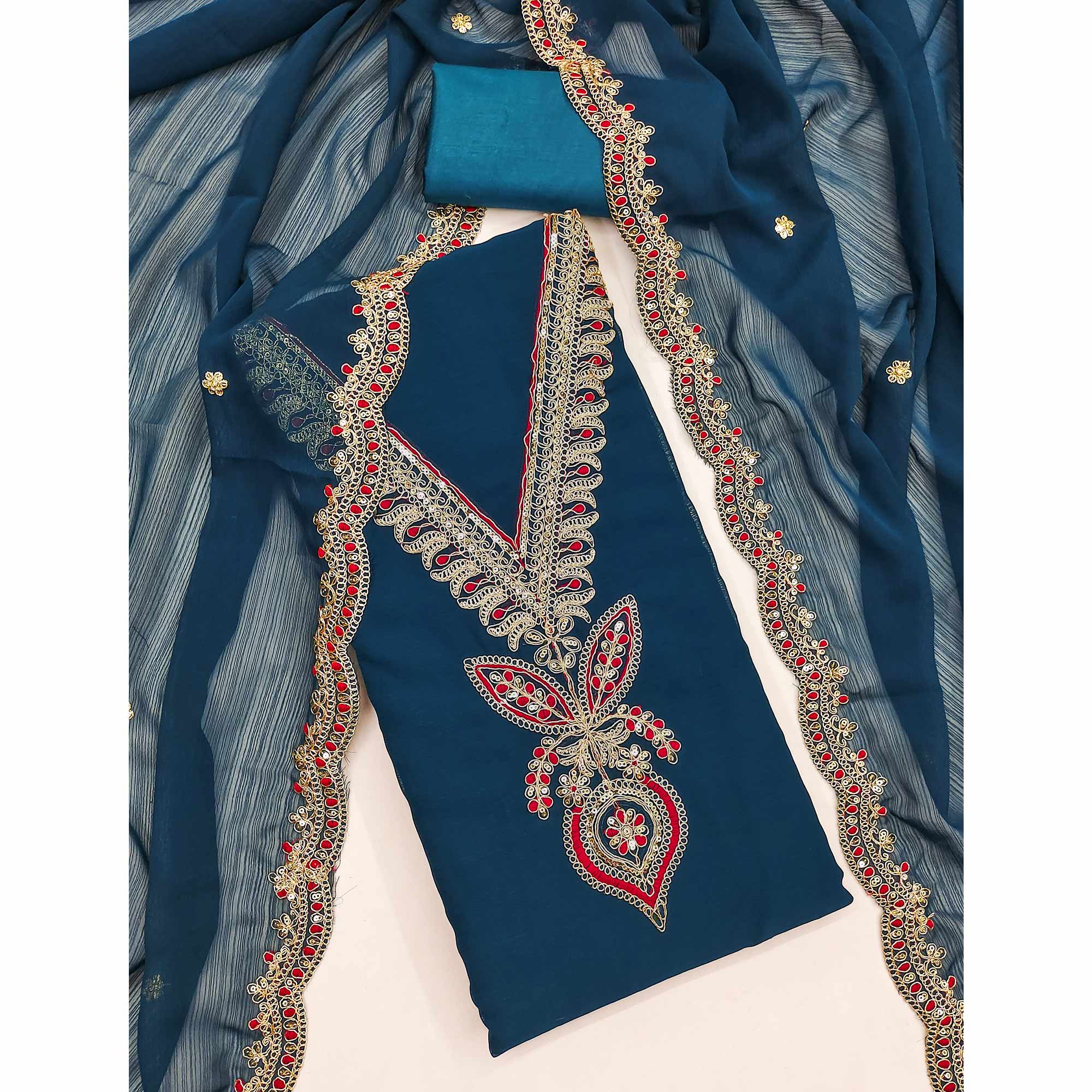 Morpich Blue Ensemble In Zomato Art Silk Adorned With Cording Floral Embroidery & Sparkling Sequins