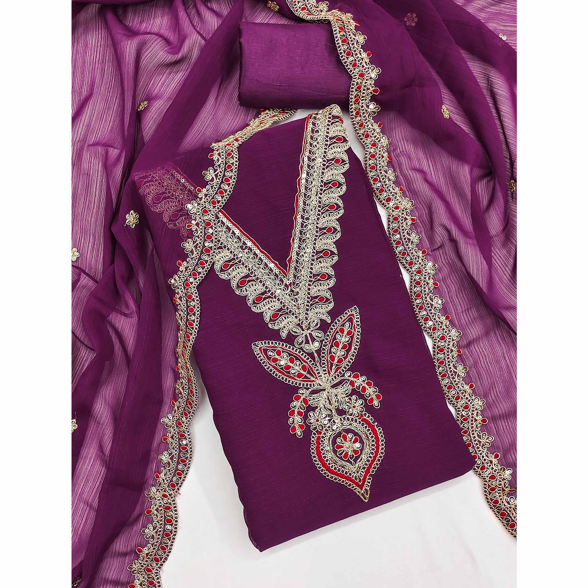 Purple Ensemble In Zomato Art Silk Adorned With Cording Floral Embroidery & Sparkling Sequins