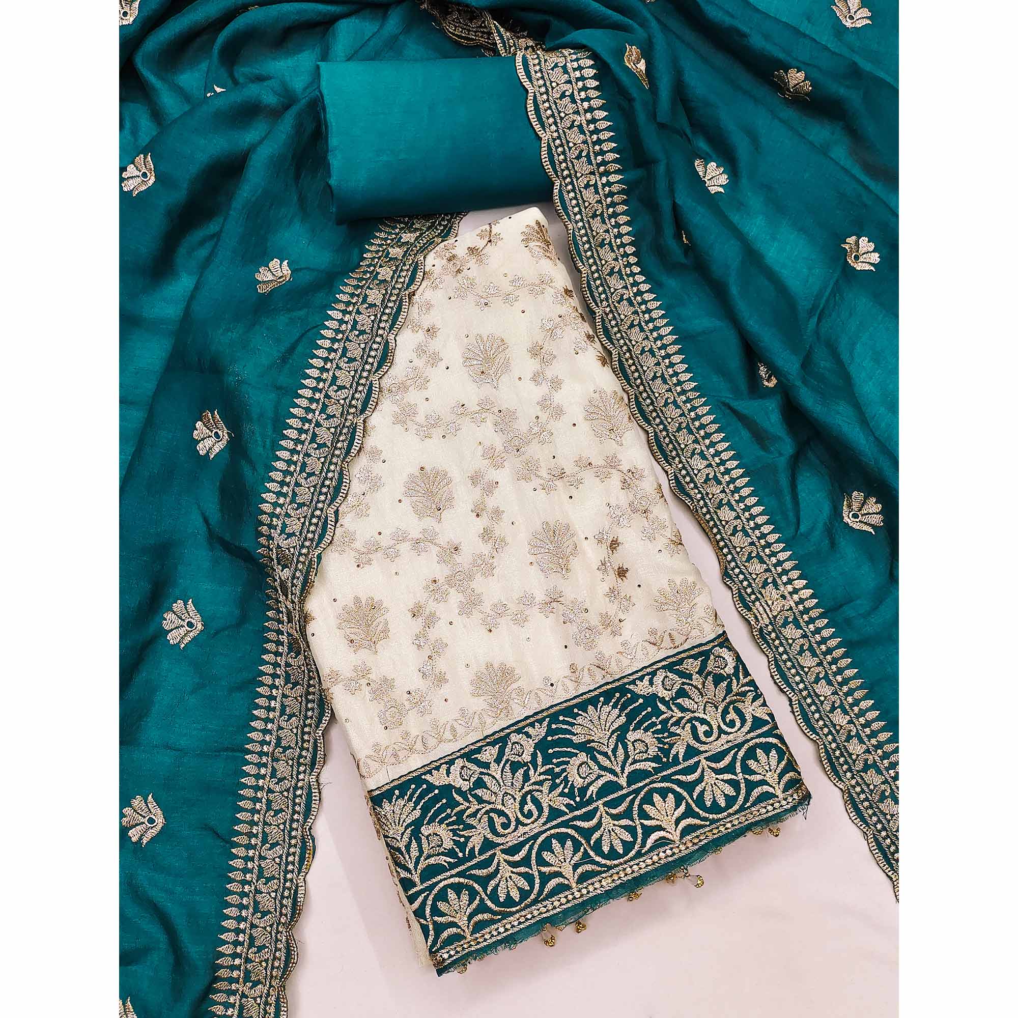 Offwhite & Rama Vichitra Silk Dress Material With Intricate Floral Zari Work