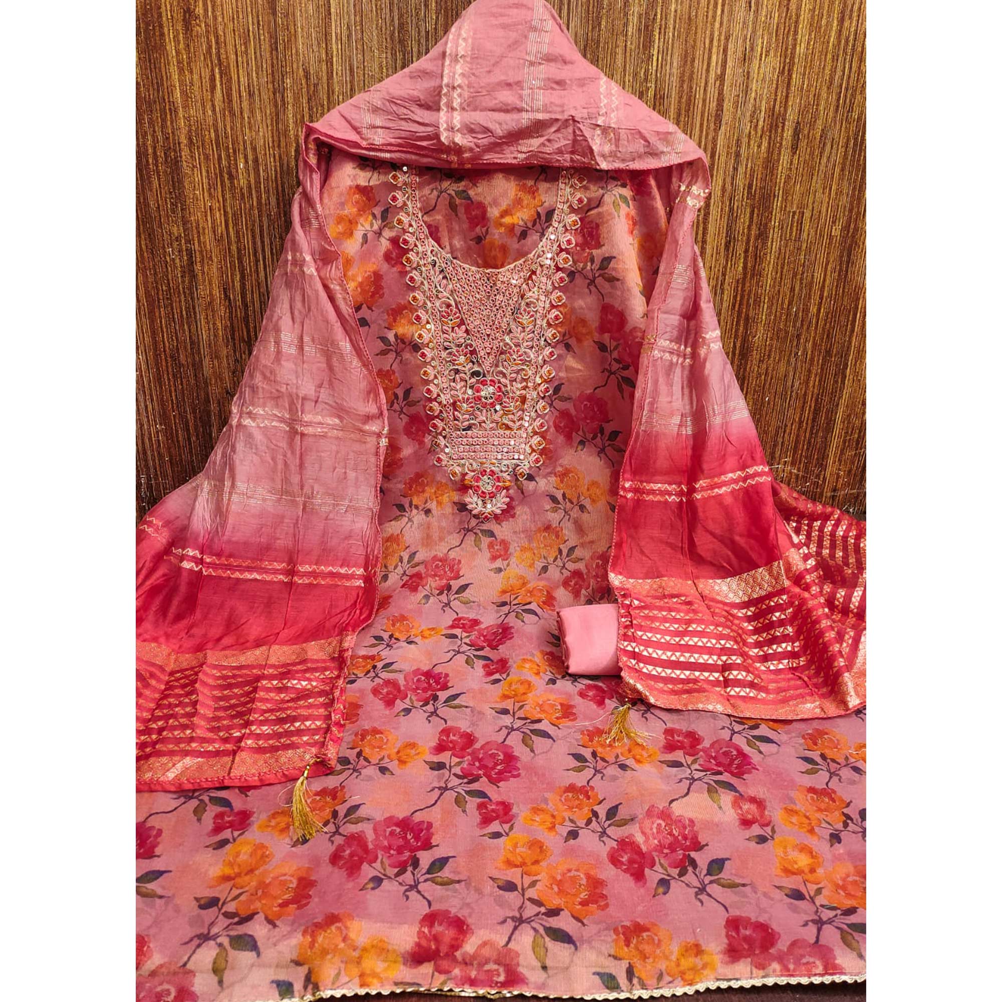 Peach Floral Printed Dress Material With Elegant Embroidery on Shimmer Jacquard