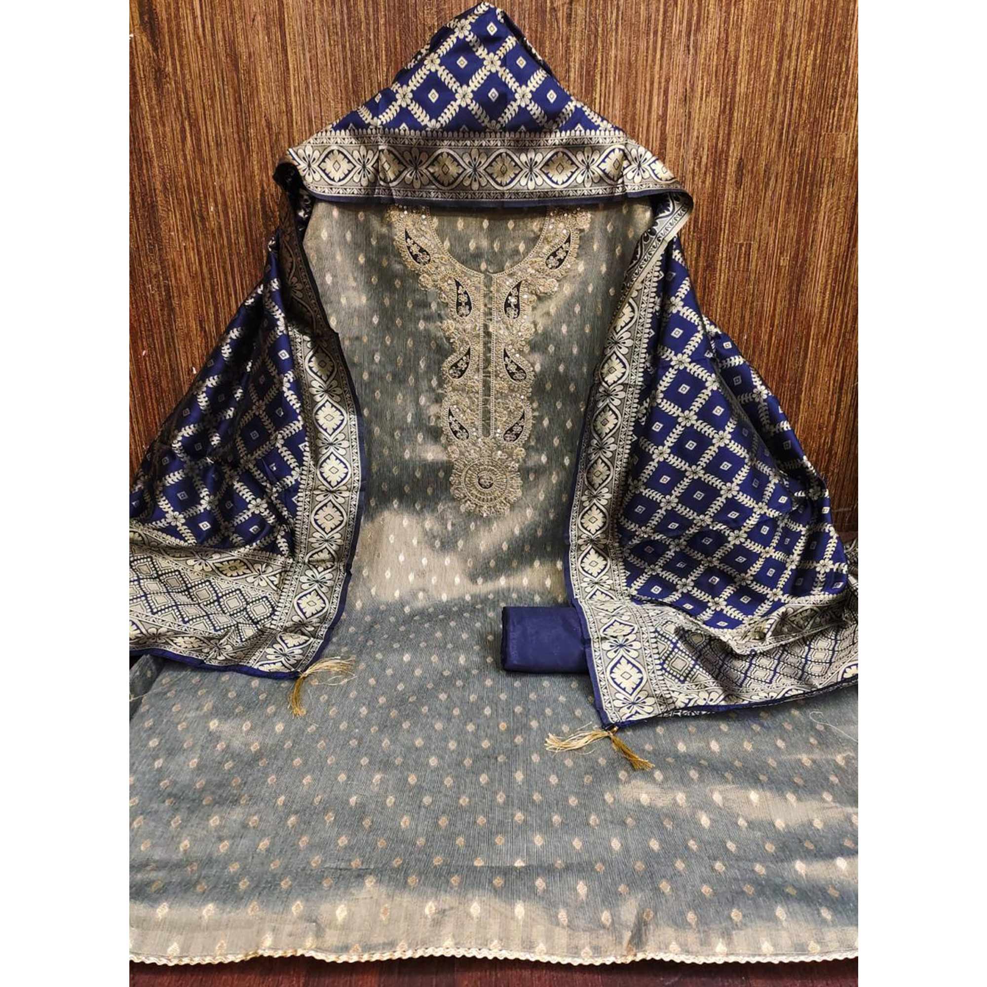 Grey Shimmer Jacquard Dress Material With Elegant Weaving & Cording Embroidery Work