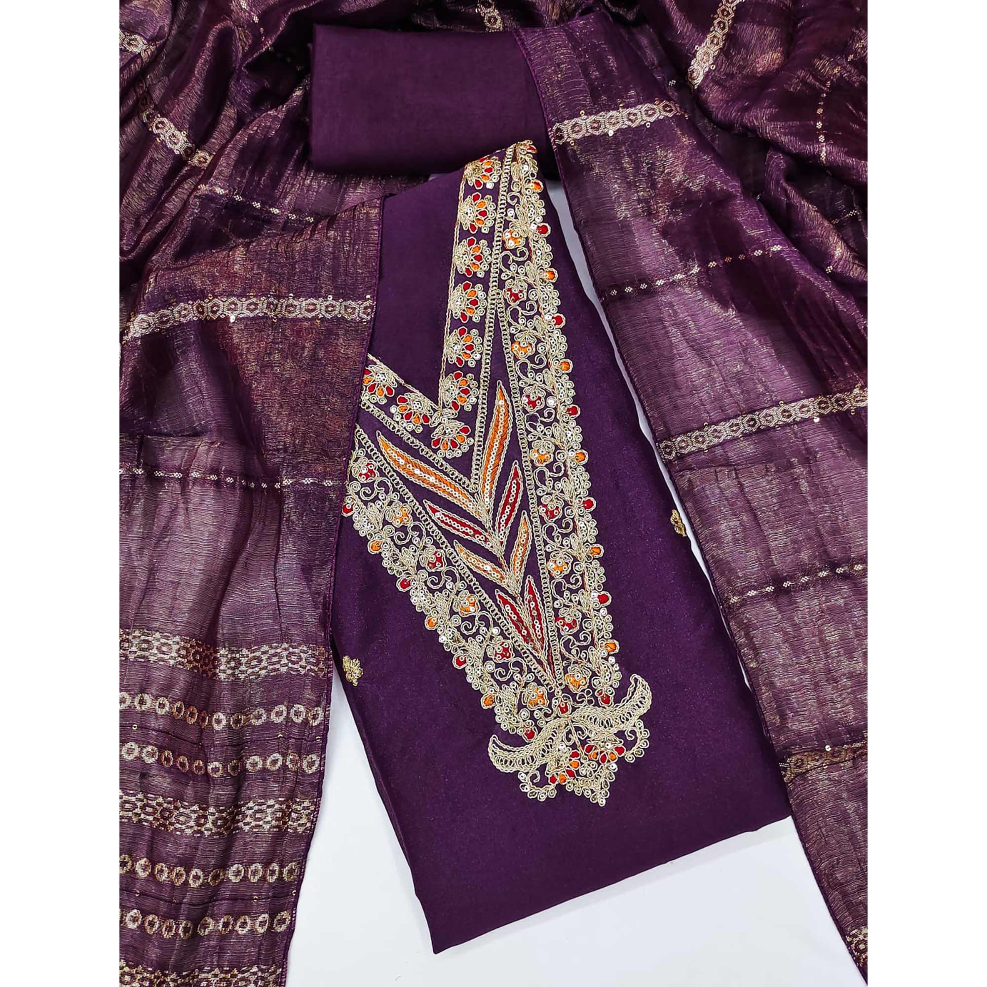 Purple Georgette Dress Material Embellished With Floral Cording Embroidery & Sequin Accents