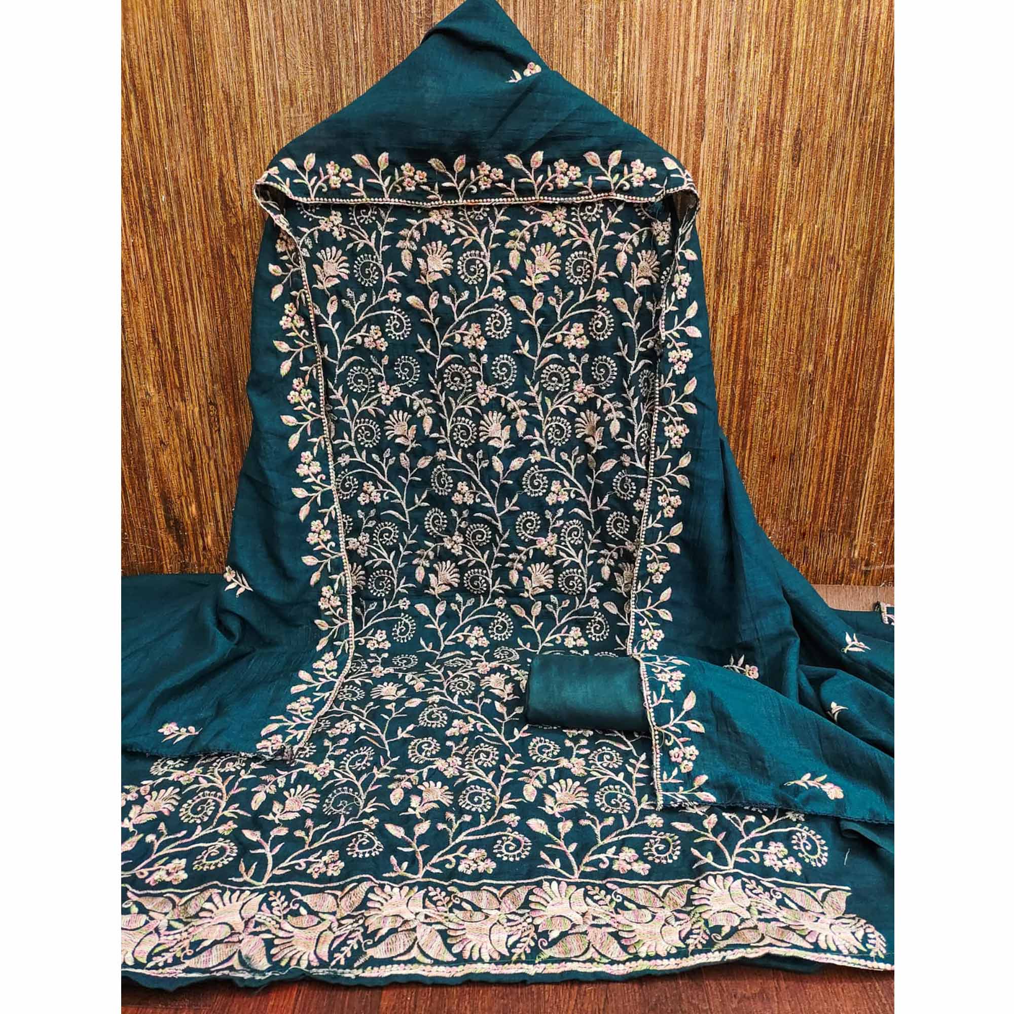 Morpich Blue Vichitra Silk Dress Material With Elegant Floral Thread Embroidery