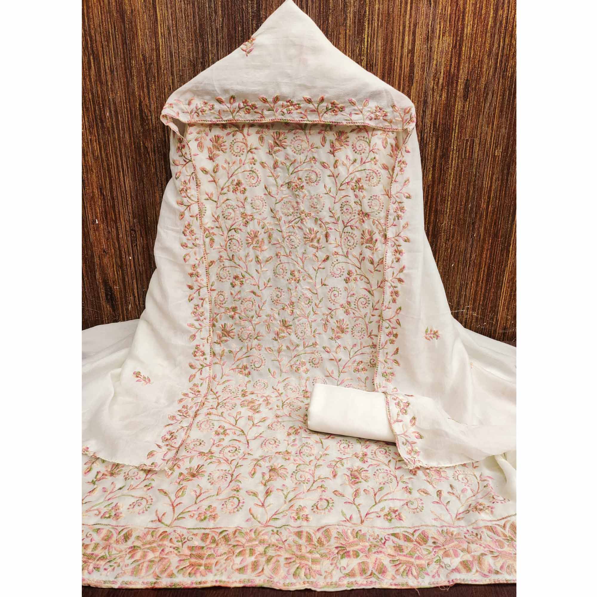 Offwhite Vichitra Silk Dress Material With Elegant Floral Thread Embroidery