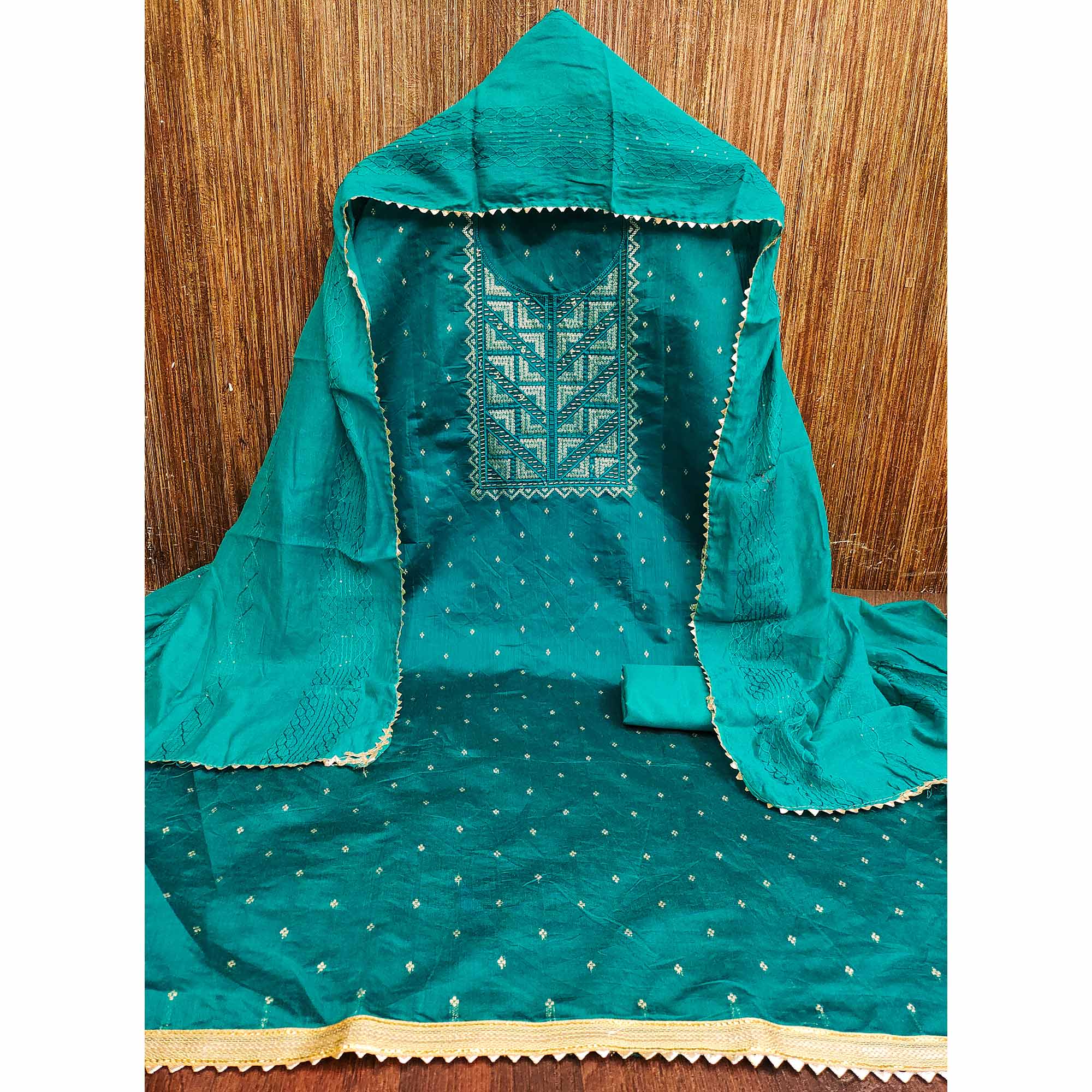 Turquoise Sequins Embroidered Dress Material Crafted On Rich Chanderi Silk Jacquard