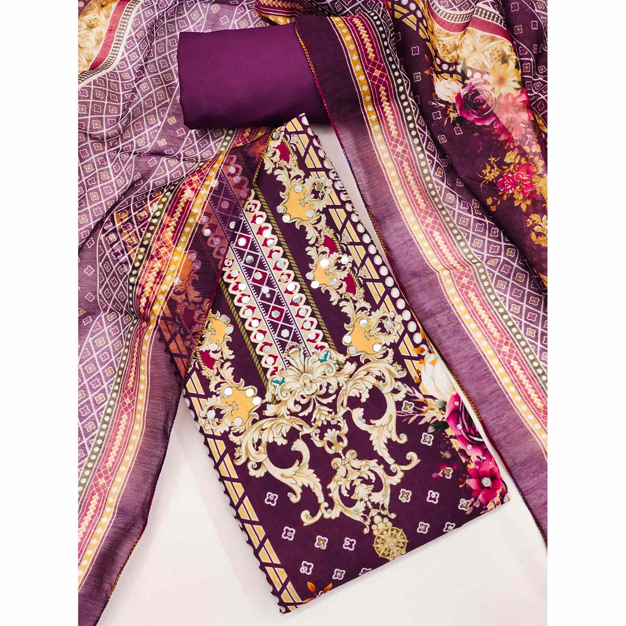 Purple Dress Material in Rayon with Delicate Floral Patterns