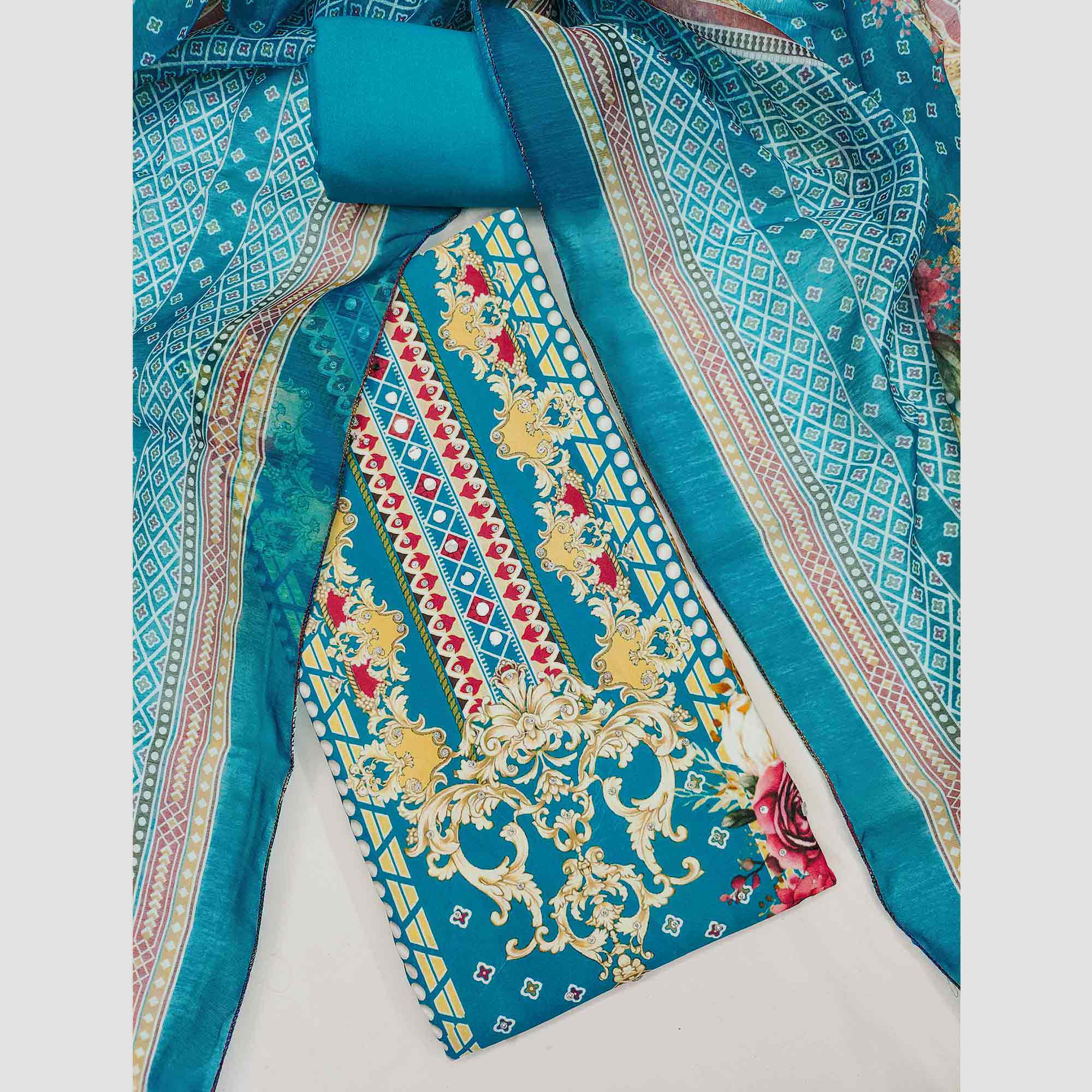 Teal Dress Material in Rayon with Delicate Floral Patterns