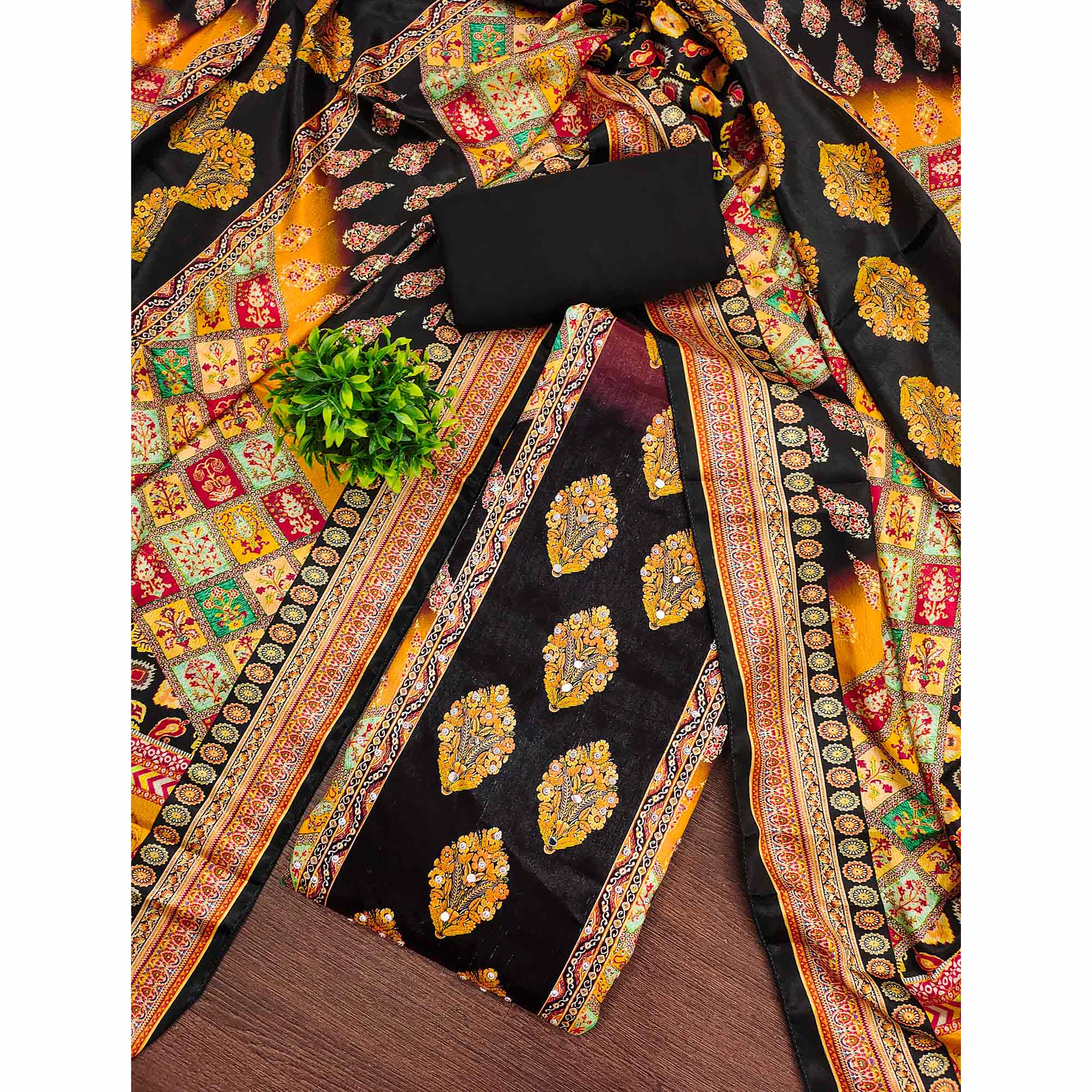 Black Chinon Dress Material With Reflective Mirror Work & Floral Prints