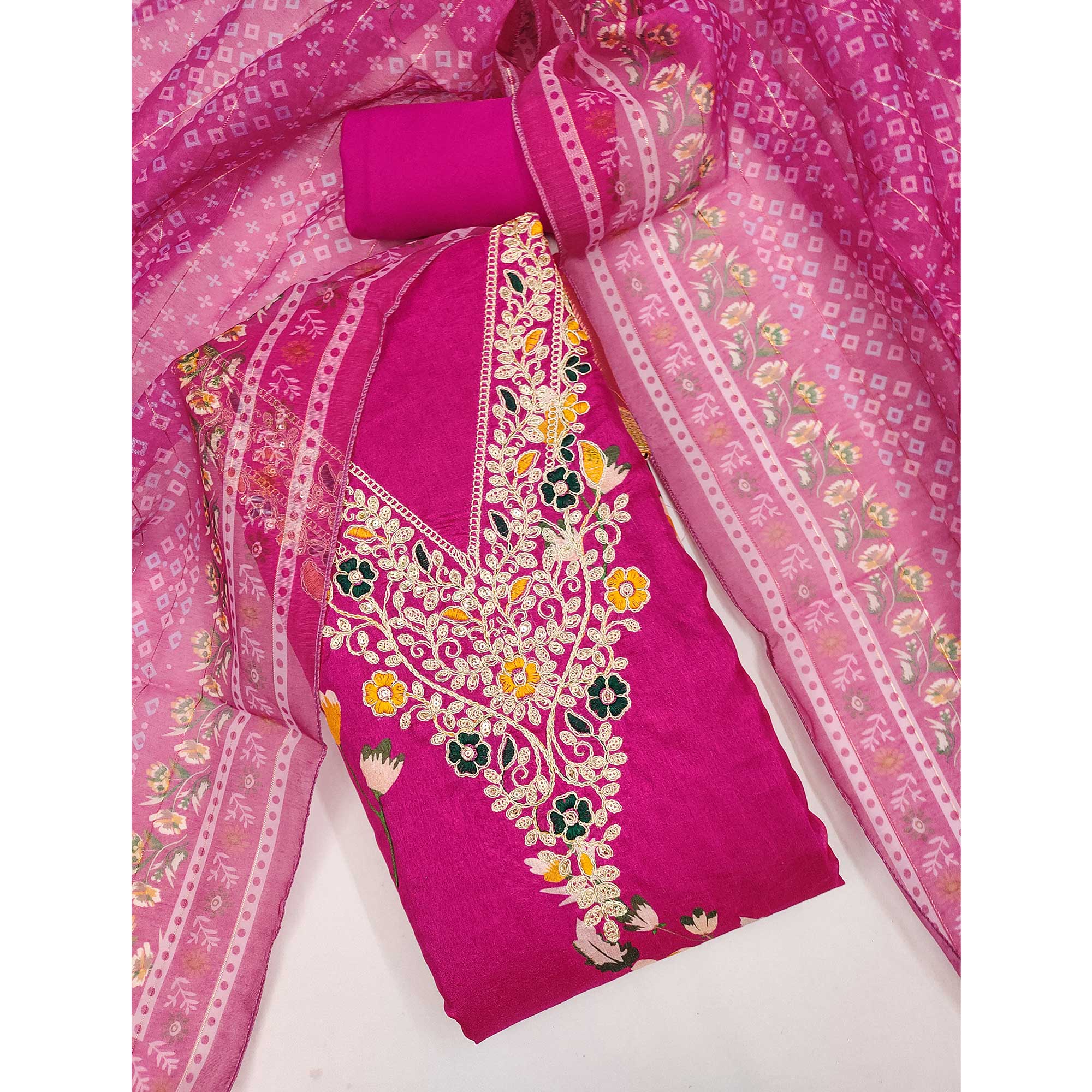Pink Chanderi Silk Dress Material With Alluring Floral Digital Print & Delicate Cording Embroidery