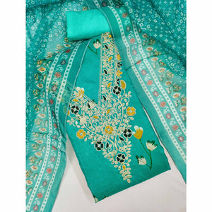 Turquoise Chanderi Silk Dress Material With Floral Digital Print & Delicate Cording Embroidery