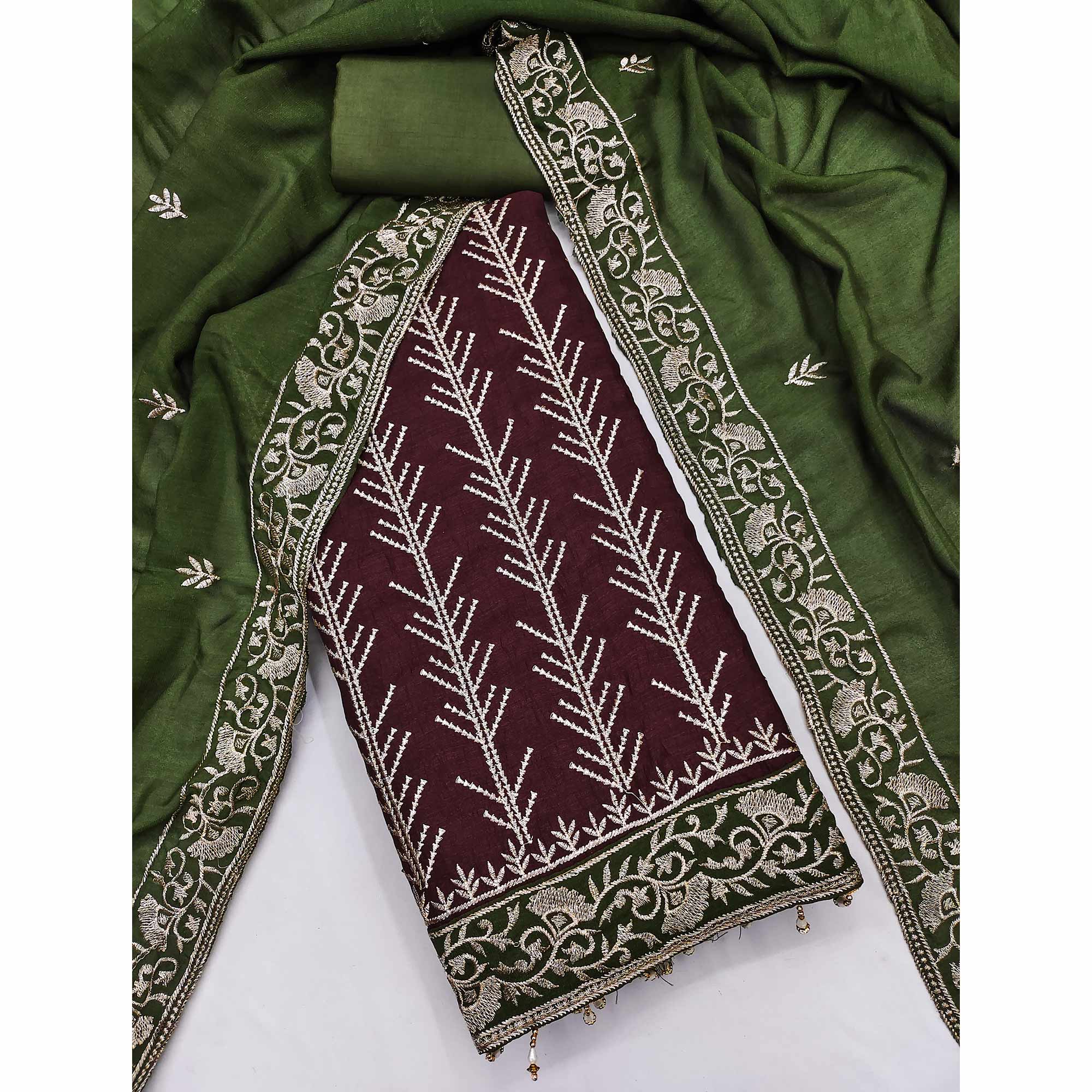 Dark Maroon Vichitra Silk Dress Material Featuring Graceful Floral Embroidery Work