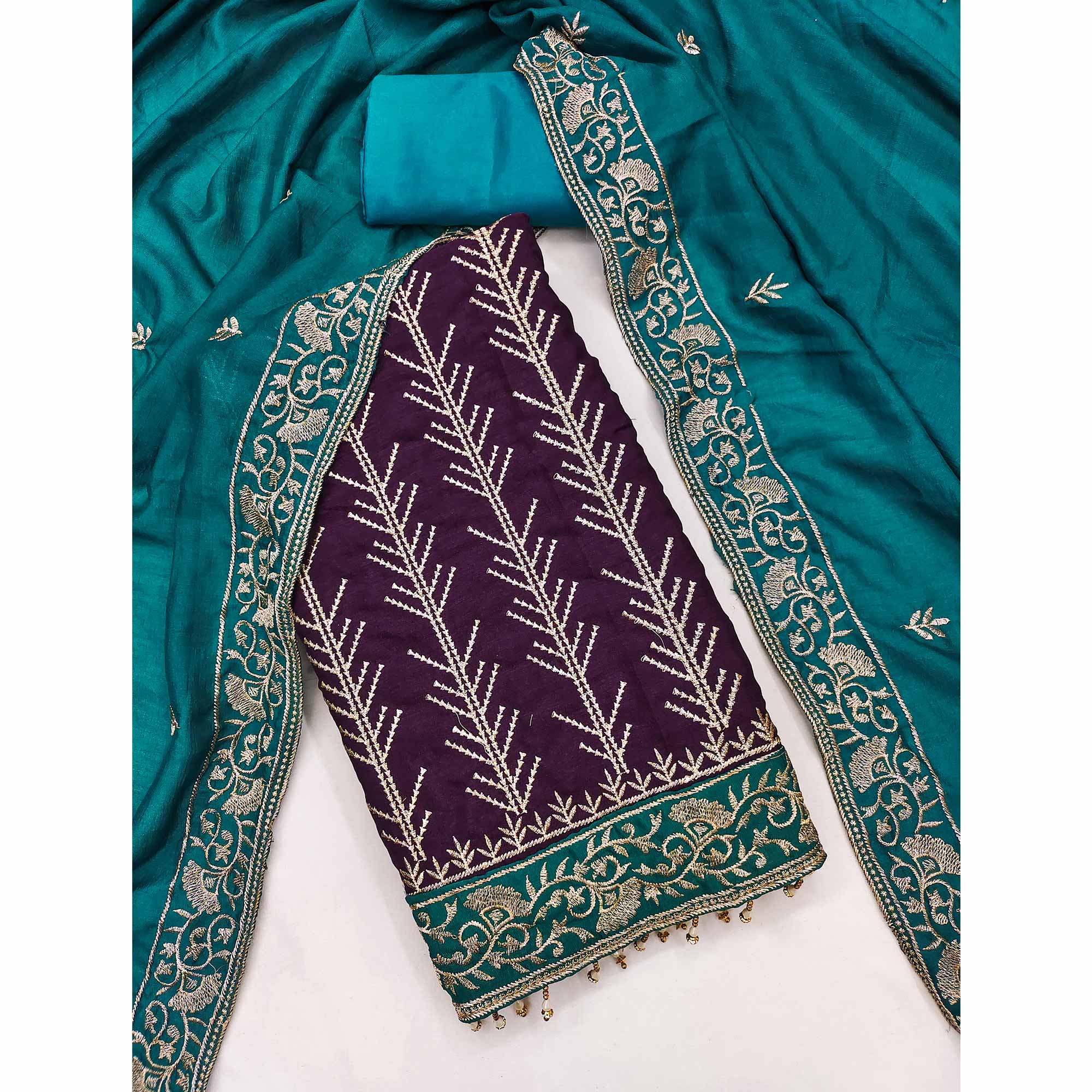 Purple Vichitra Silk Dress Material Featuring Graceful Floral Embroidery Work