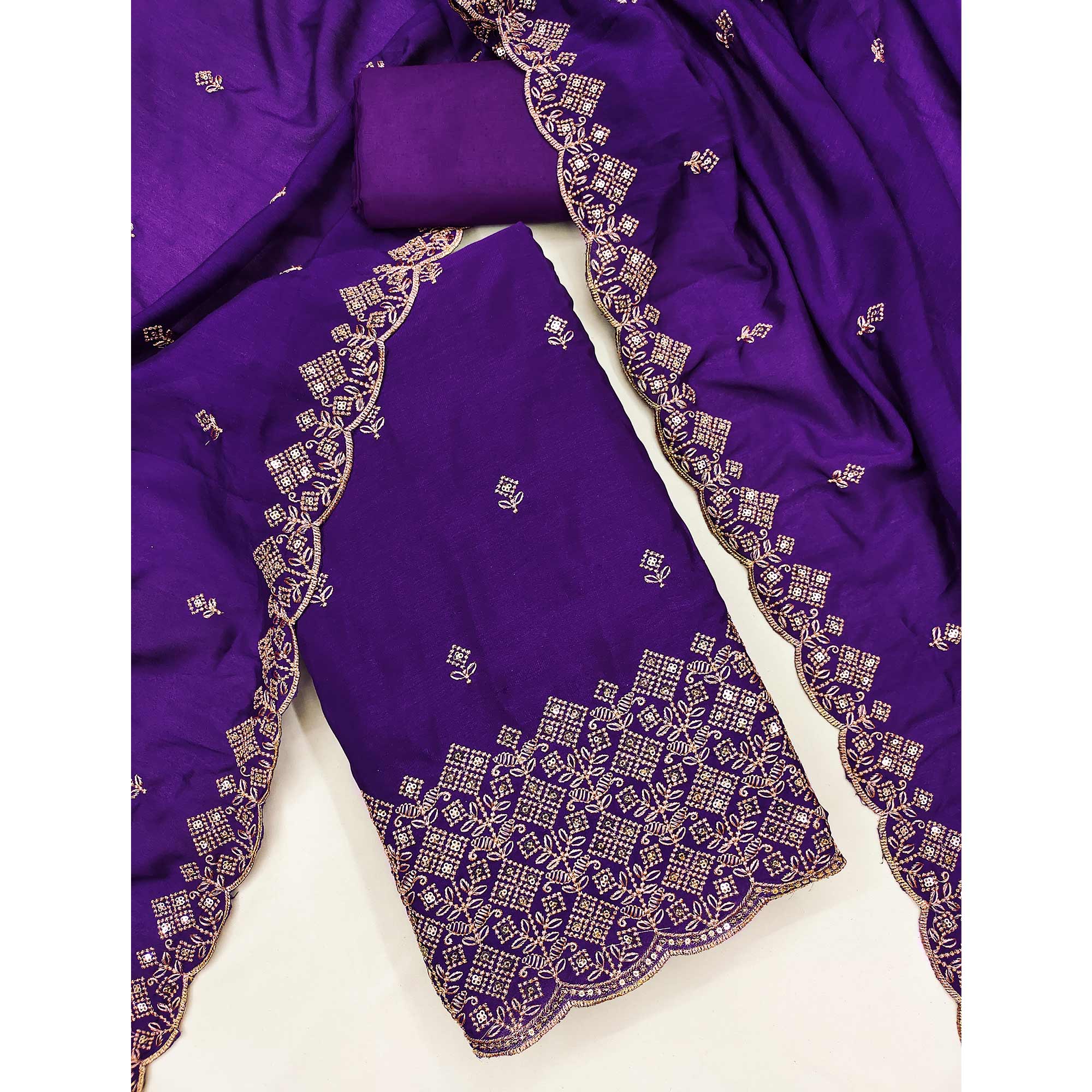 Purple Vichitra Silk Dress Material Featuring Intricate Floral Embroidery & Sequins Work