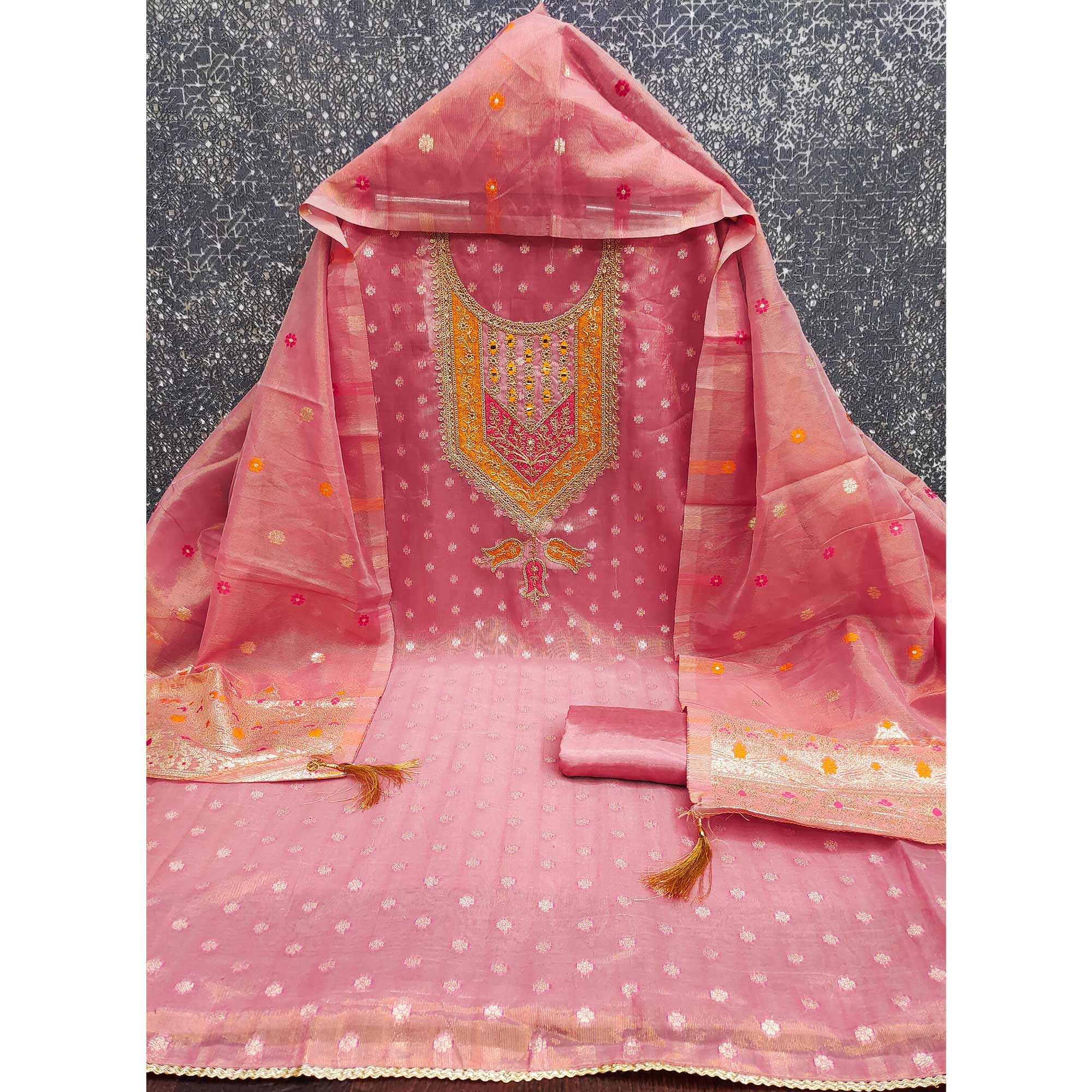 Peach Shimmer Dress Material Featuring Floral Weaving & Sparkling Sequins Embroidery