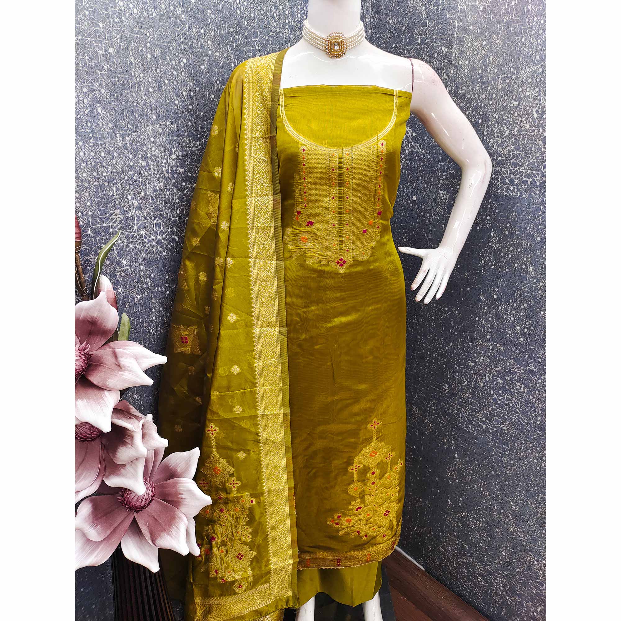 Dark Mustard Organza Silk Dress Material Adorned With Exquisite Floral Zari Weaving Work