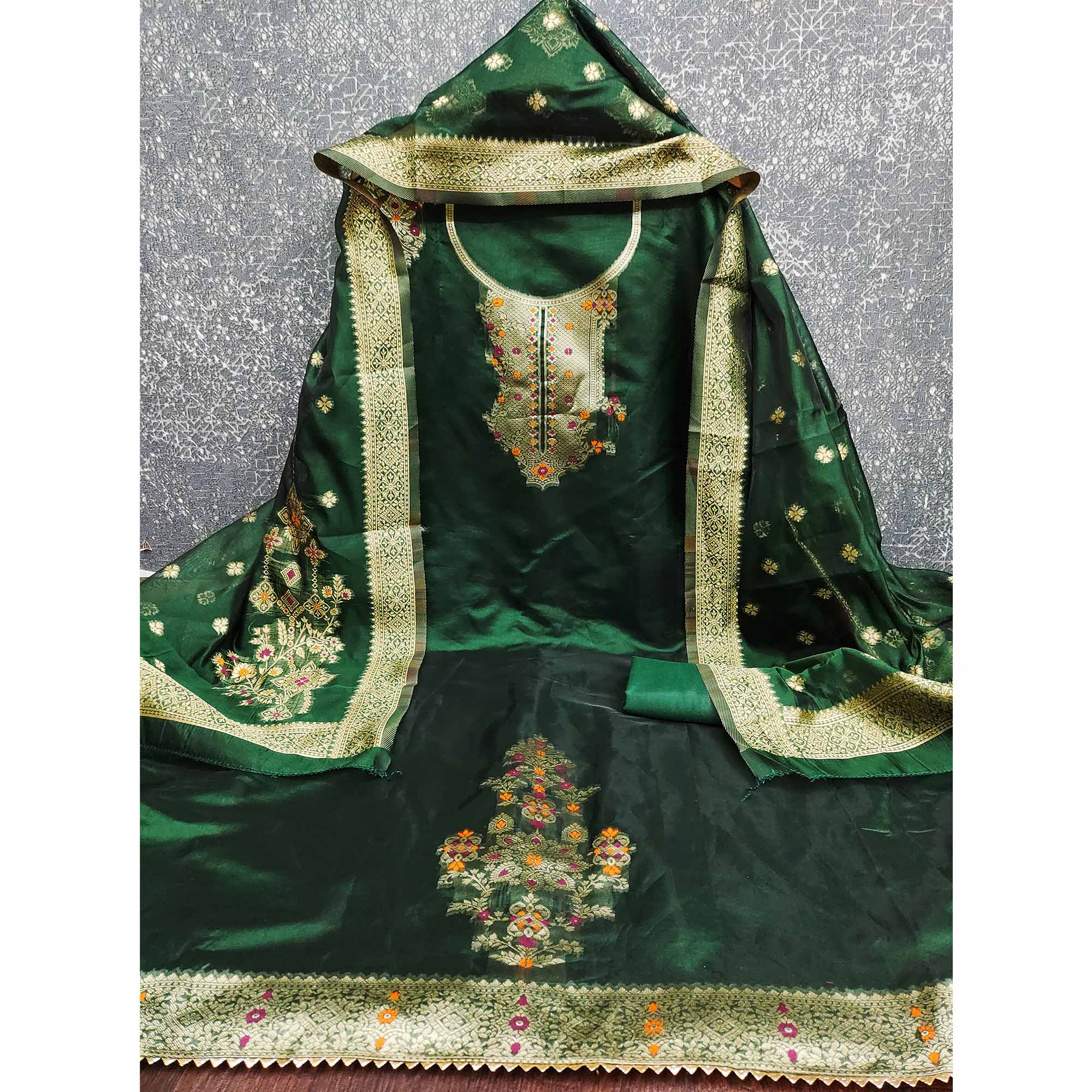 Green Organza Silk Dress Material Adorned With Exquisite Floral Zari Weaving Work