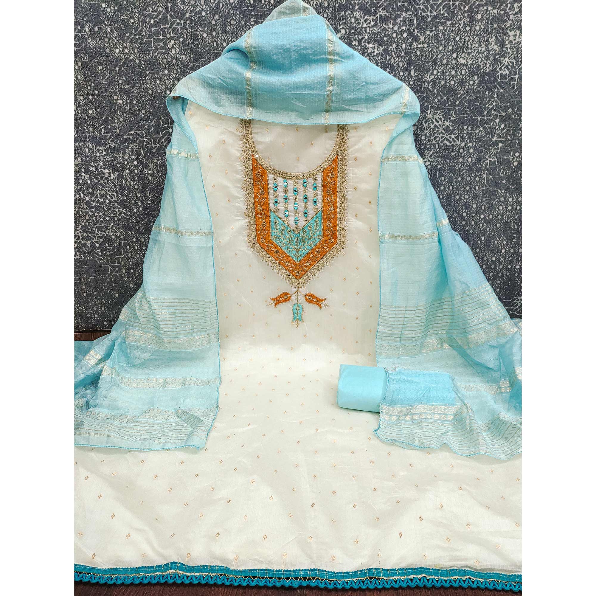 OffWhite & Blue Floral Cording & Sequins Embroidered With Butti Chanderi Silk Dress Material