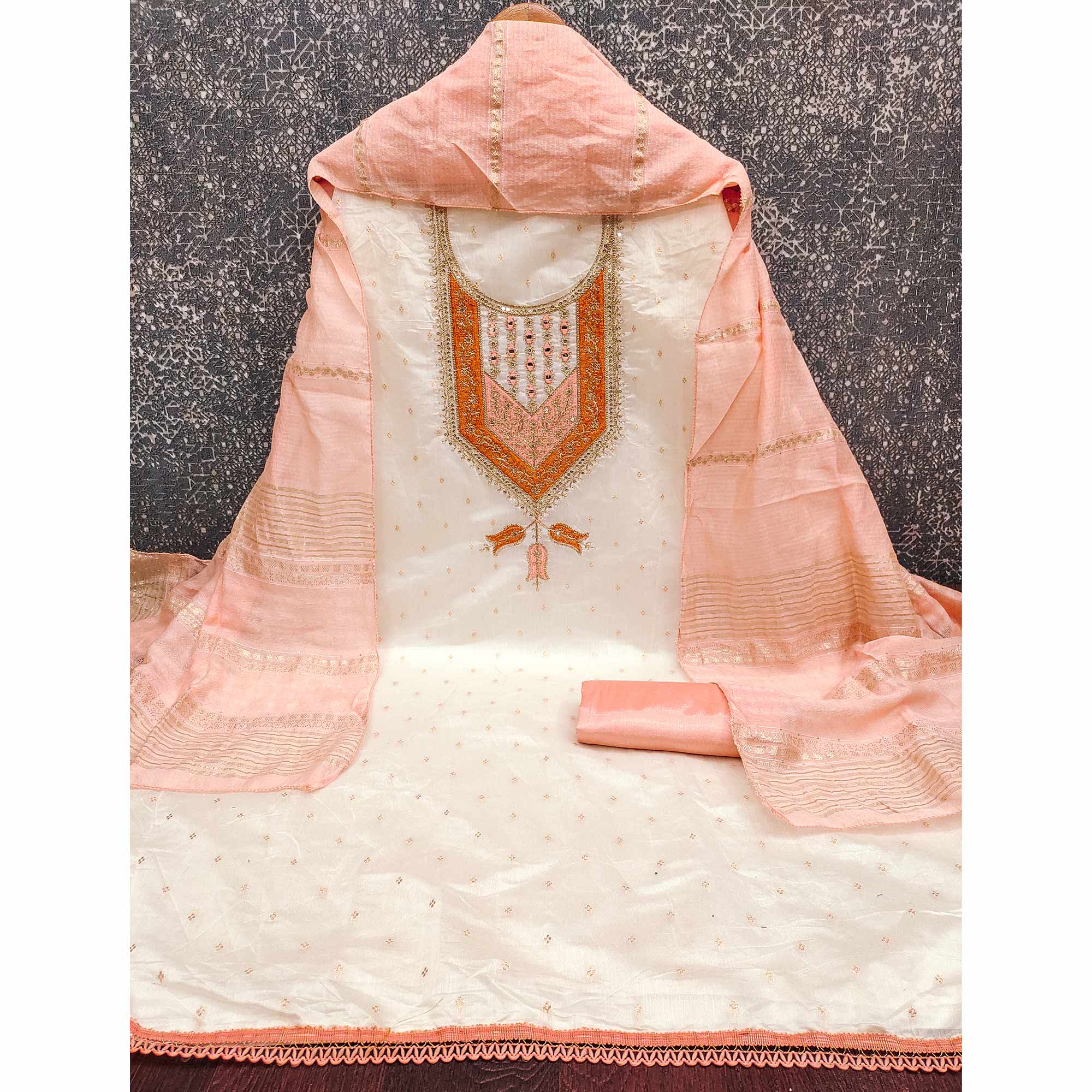 OffWhite & Peach Floral Cording & Sequins Embroidered With Butti Chanderi Silk Dress Material