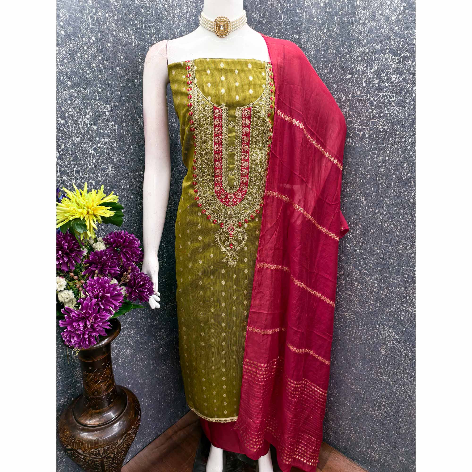 Mehendi Green Butti Jacquard Shimmer Dress Material Enhanced With Sequins Cording Embroidery