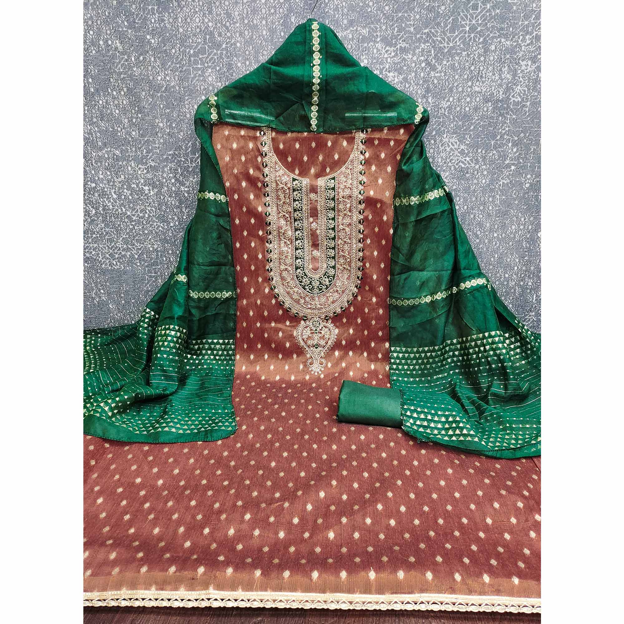 Rust Butti Jacquard Shimmer Dress Material Enhanced With Sequins Cording Embroidery