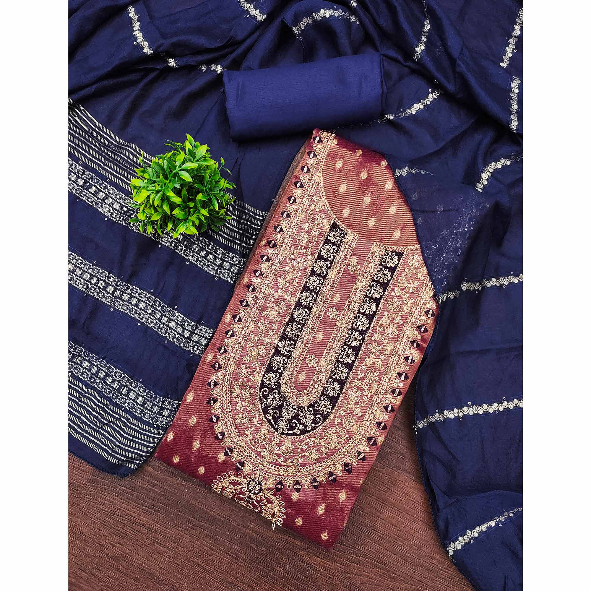 Wine Butti Jacquard Shimmer Dress Material Enhanced With Sequins Cording Embroidery