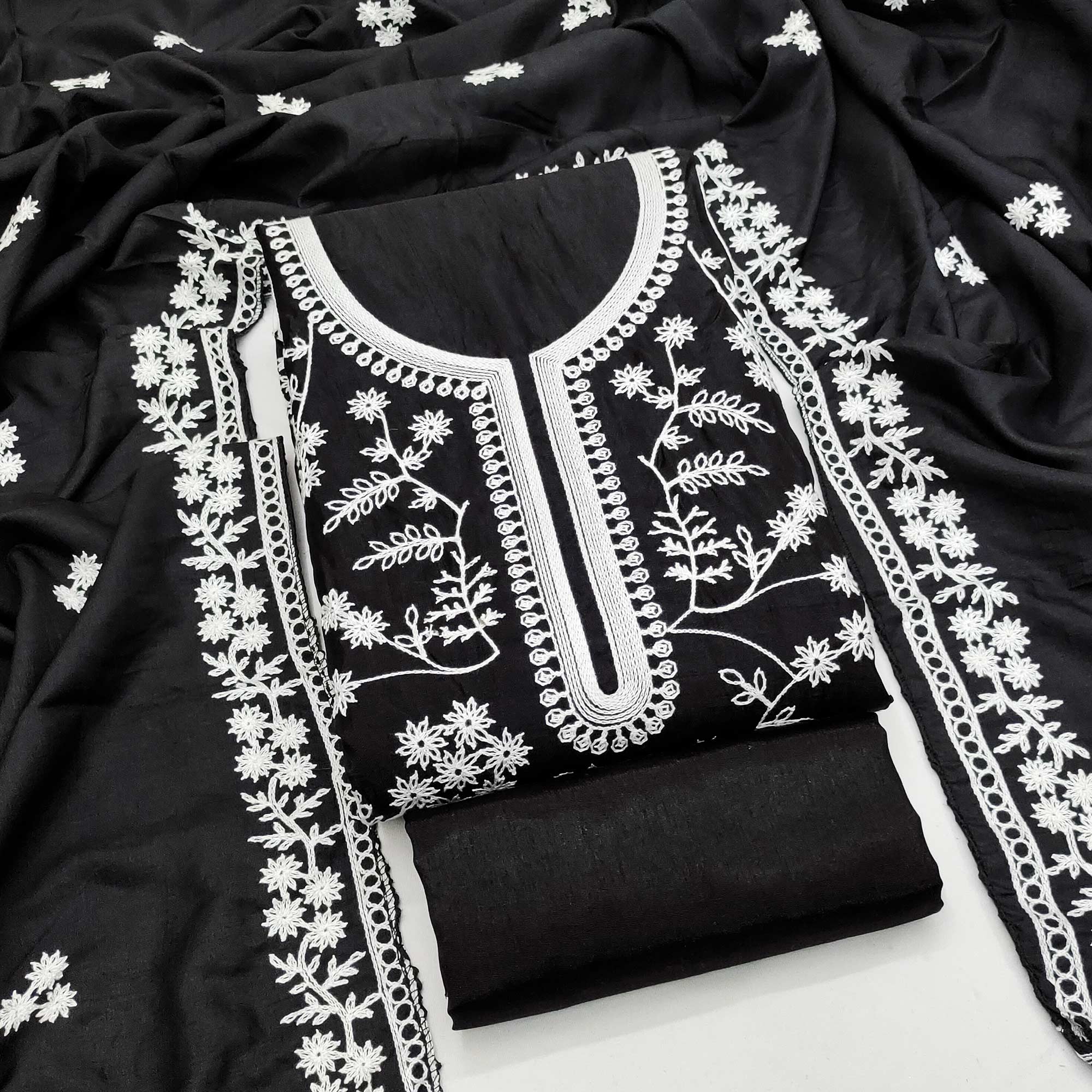 Black Art Silk Dress Material Adorned With Floral Thread Embroidery Work