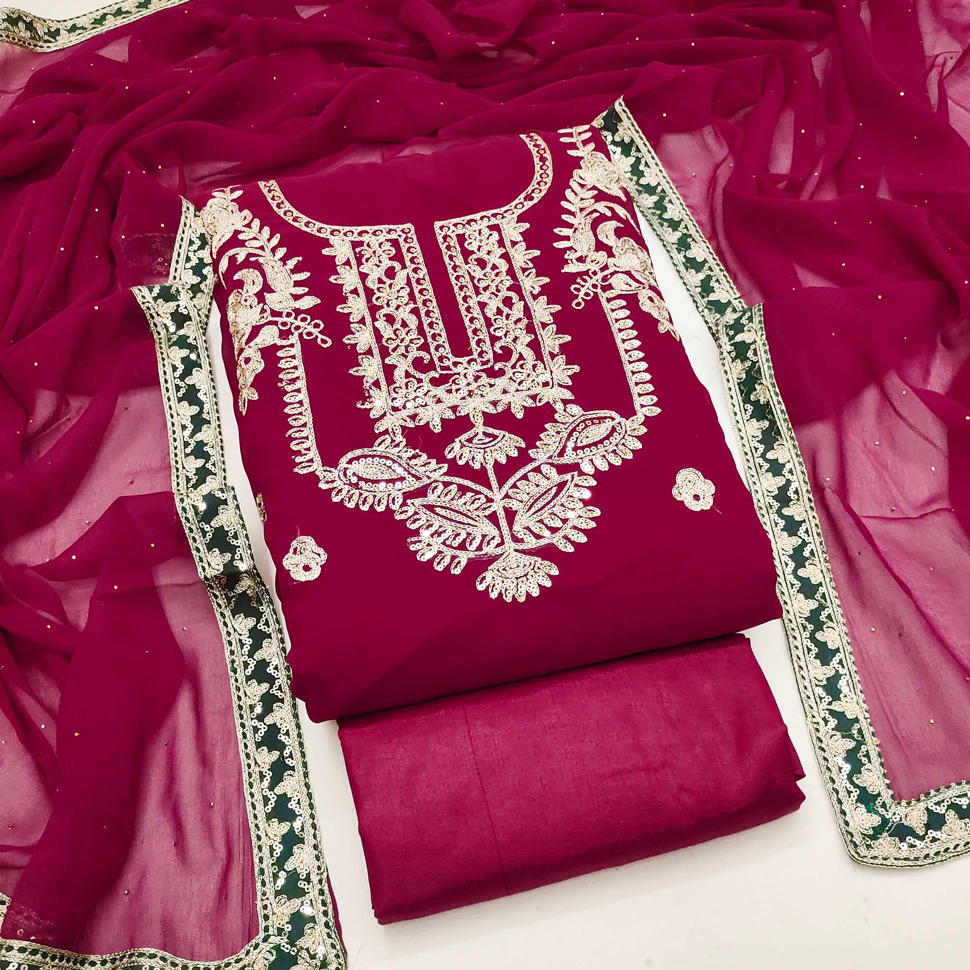 Rani Pink Georgette Dress Material Featuring Floral Thread Embroidery With Sequins Accents