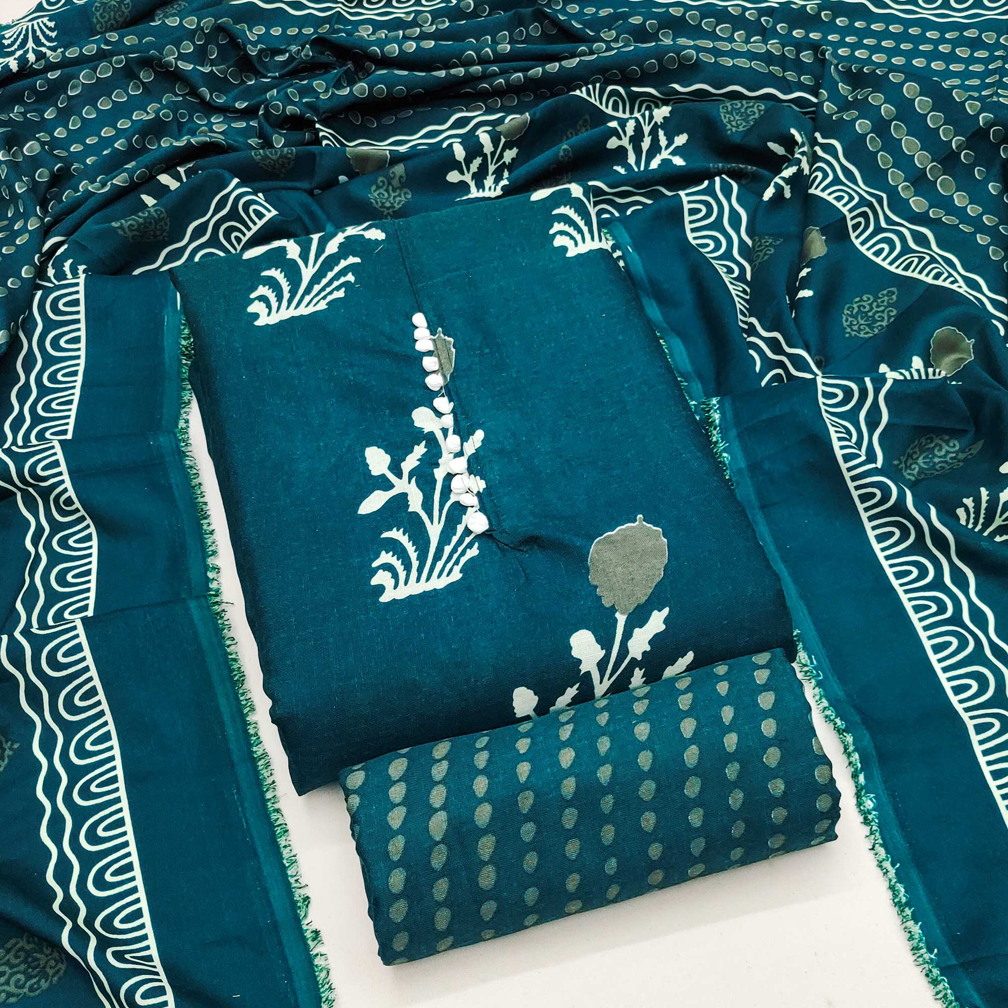 Teal Cotton Blend Dress Material Designed With Beautiful Floral Prints
