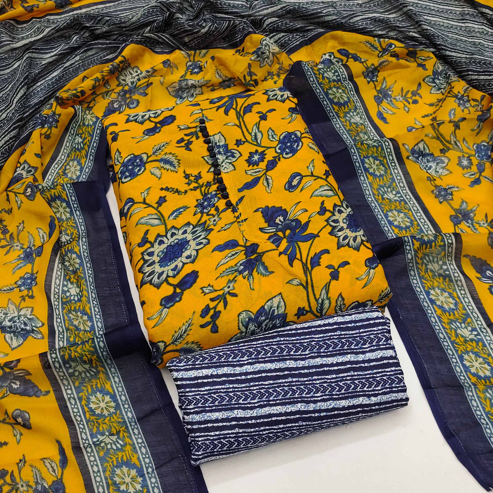 Yellow Cotton Blend Dress Material Designed With Beautiful Floral Prints