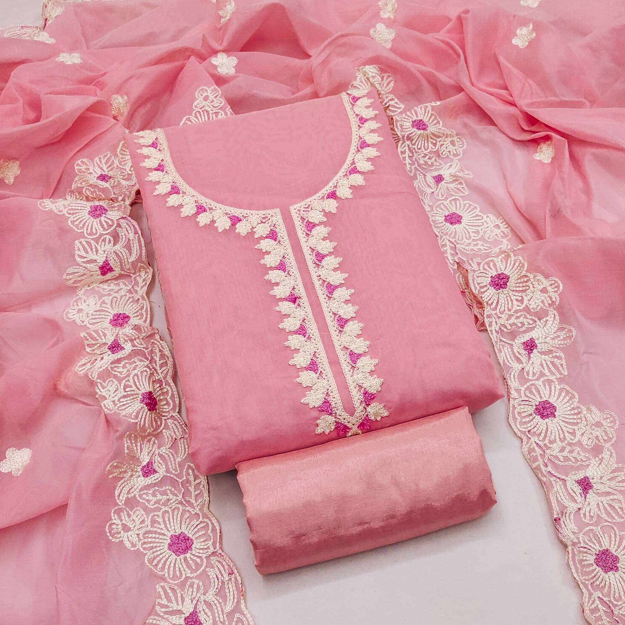 Baby Pink Chanderi Silk Dress Material Enhanced With Floral Thread Embroidered Work