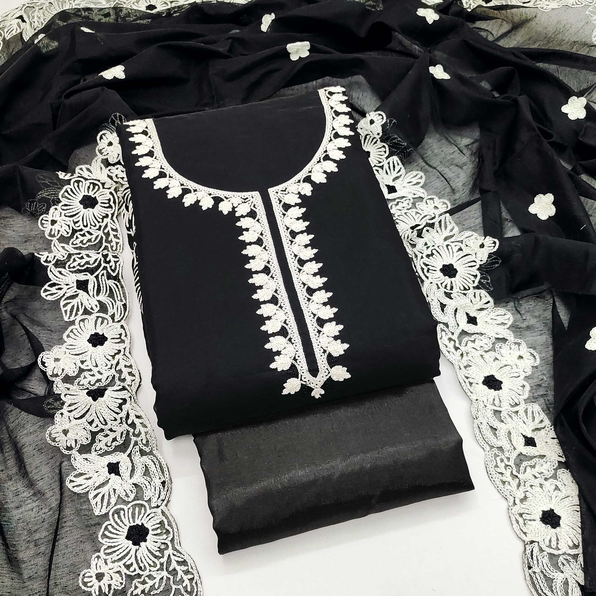 Black Chanderi Silk Dress Material Enhanced With Floral Thread Embroidered Work