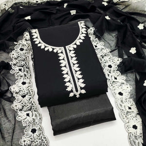 Black Chanderi Silk Dress Material Enhanced With Floral Thread Embroidered Work