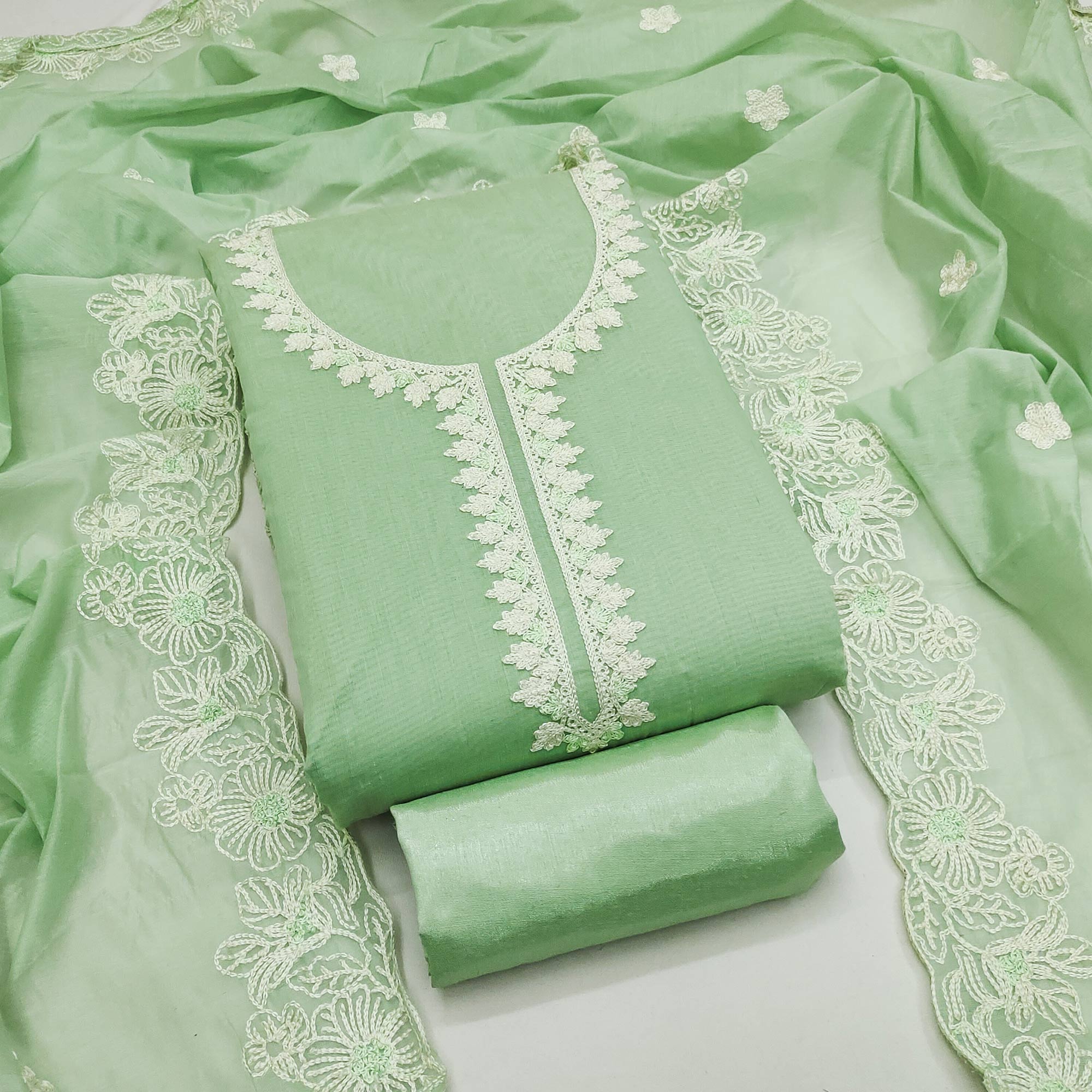 Green Chanderi Silk Dress Material Enhanced With Floral Thread Embroidered Work