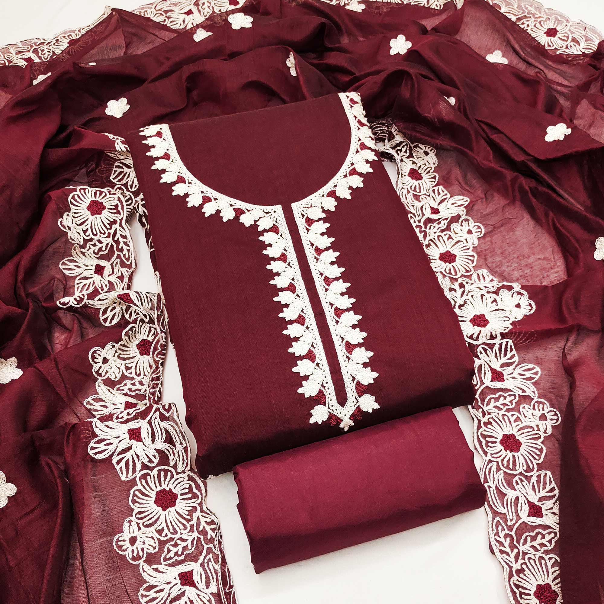 Maroon Chanderi Silk Dress Material Enhanced With Floral Thread Embroidered Work