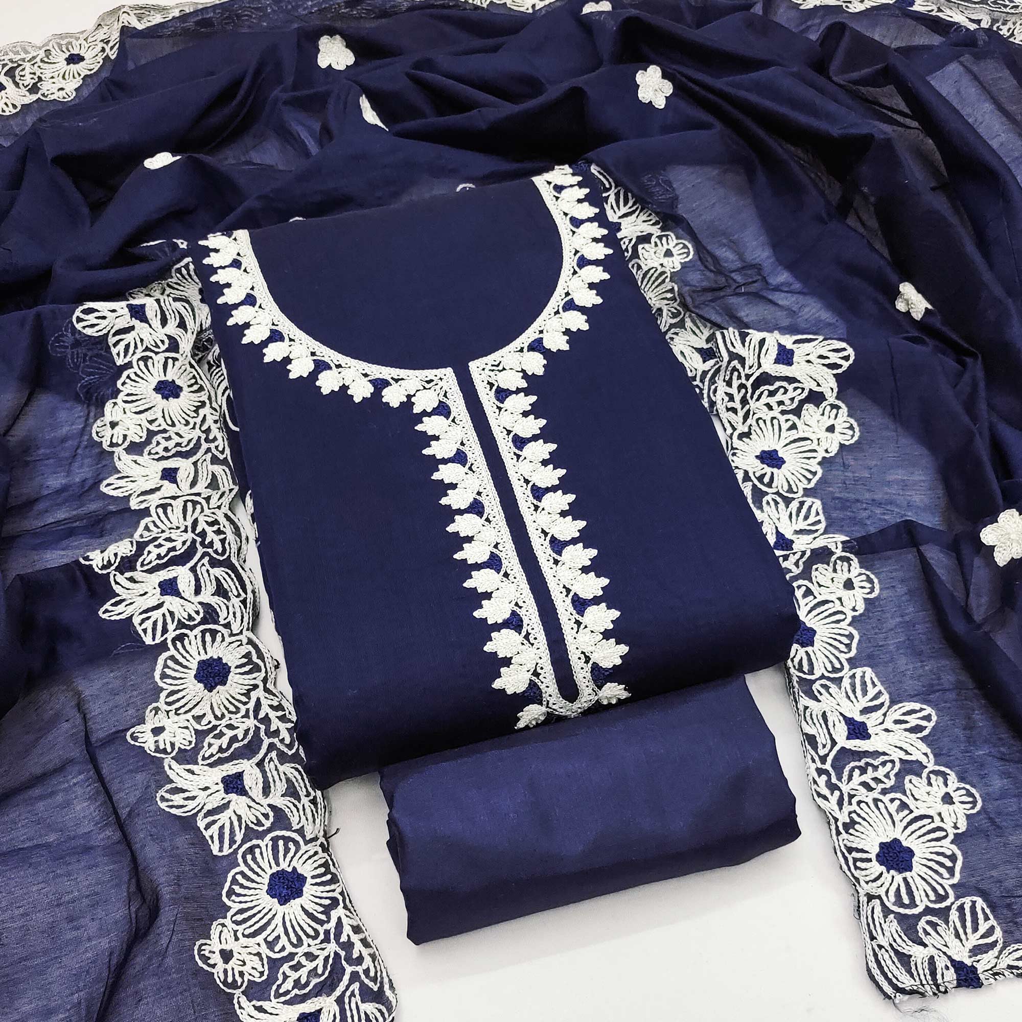 Navy Blue Chanderi Silk Dress Material Enhanced With Floral Thread Embroidered Work