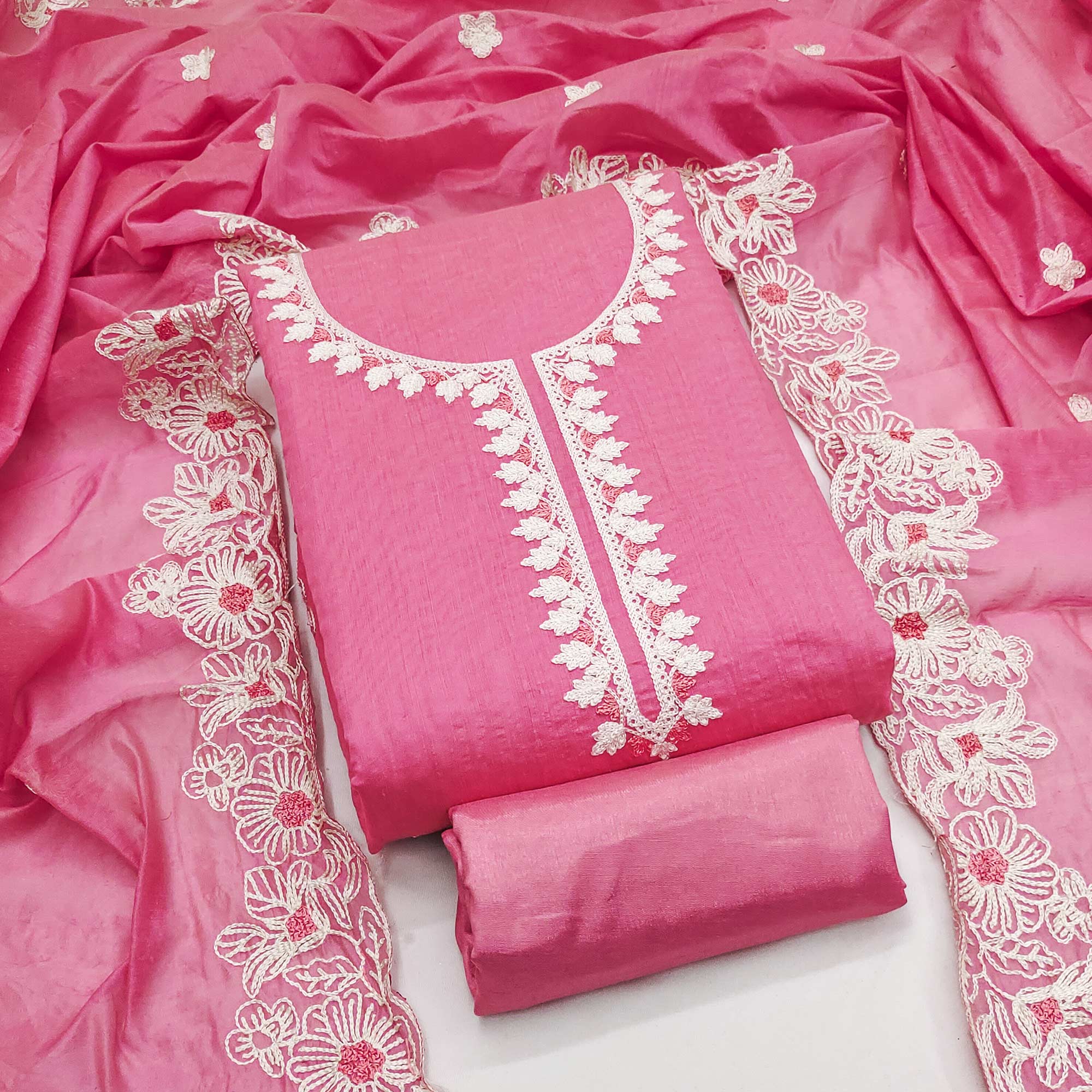 Pink Chanderi Silk Dress Material Enhanced With Floral Thread Embroidered Work