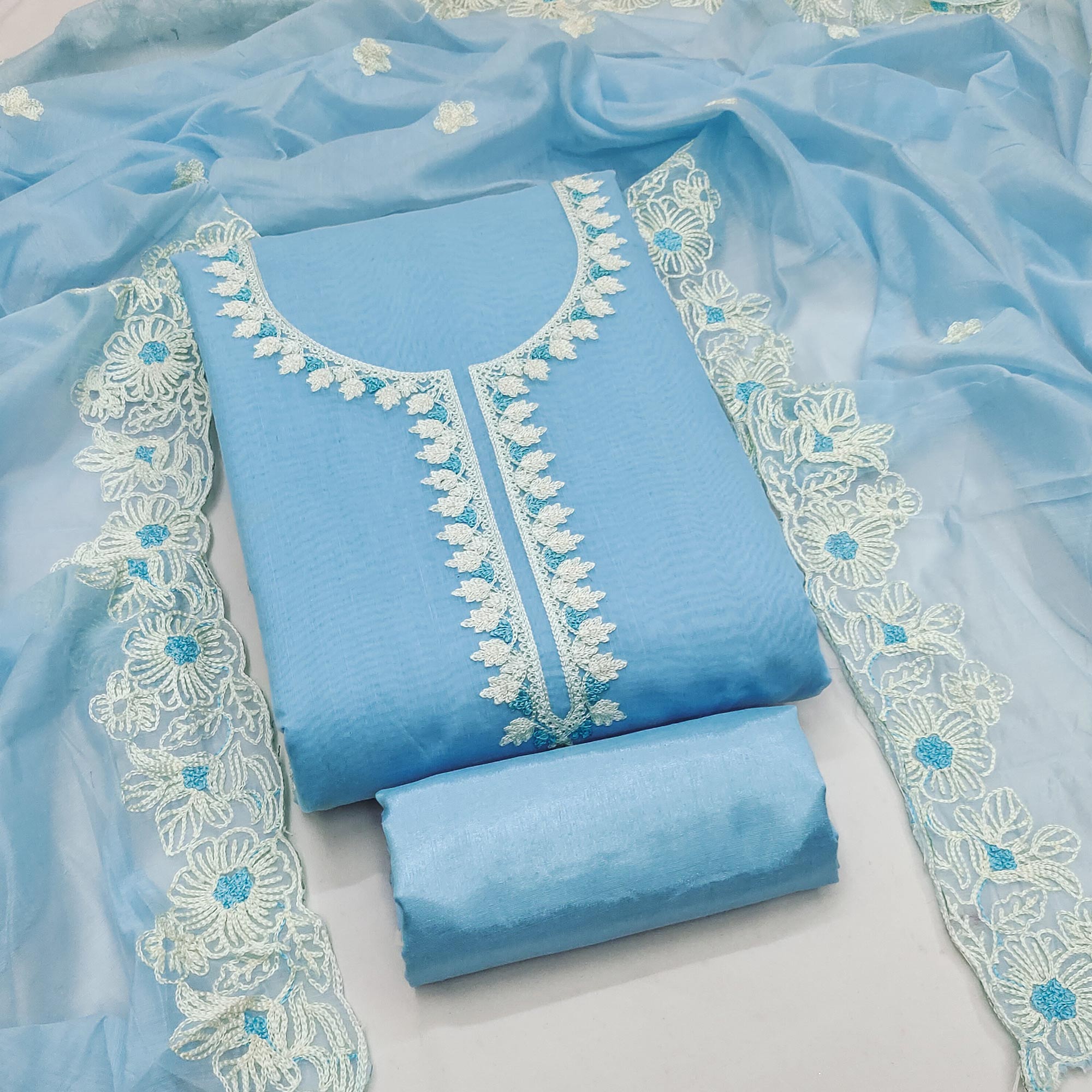 Sky Blue Chanderi Silk Dress Material Enhanced With Floral Thread Embroidered Work