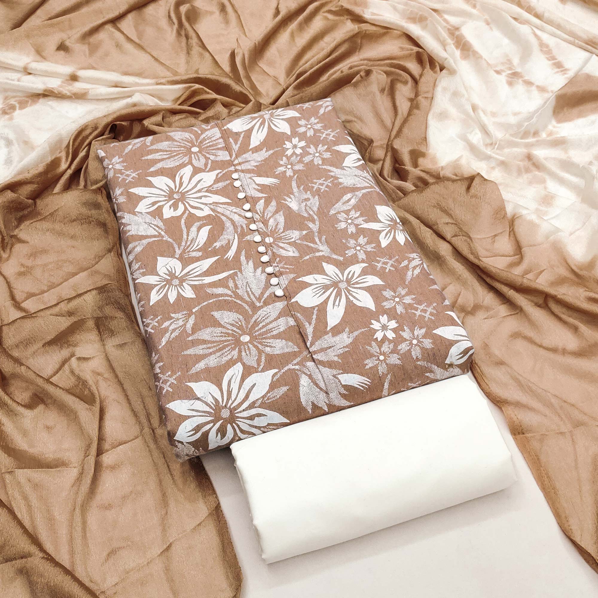 Brown Cotton Blend Dress Material Adorned With Floral Printed Work