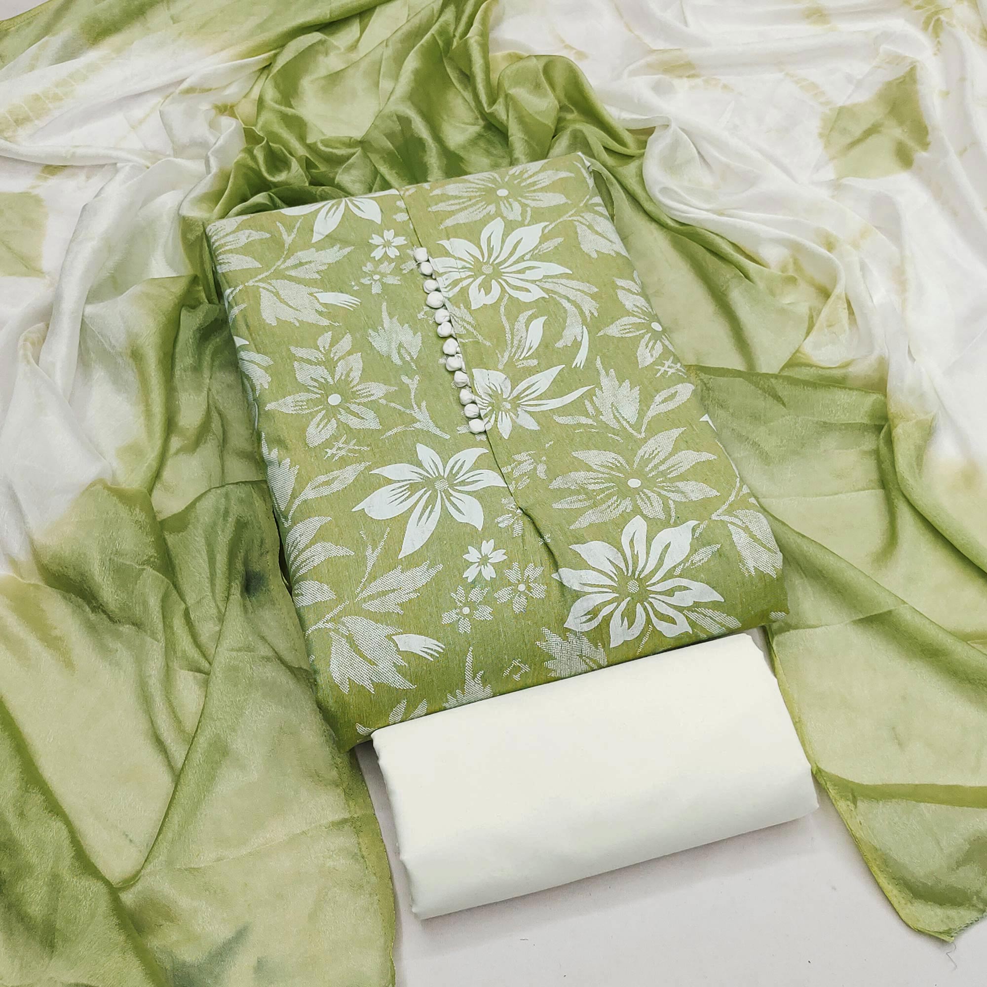 Green Cotton Blend Dress Material Adorned With Floral Printed Work