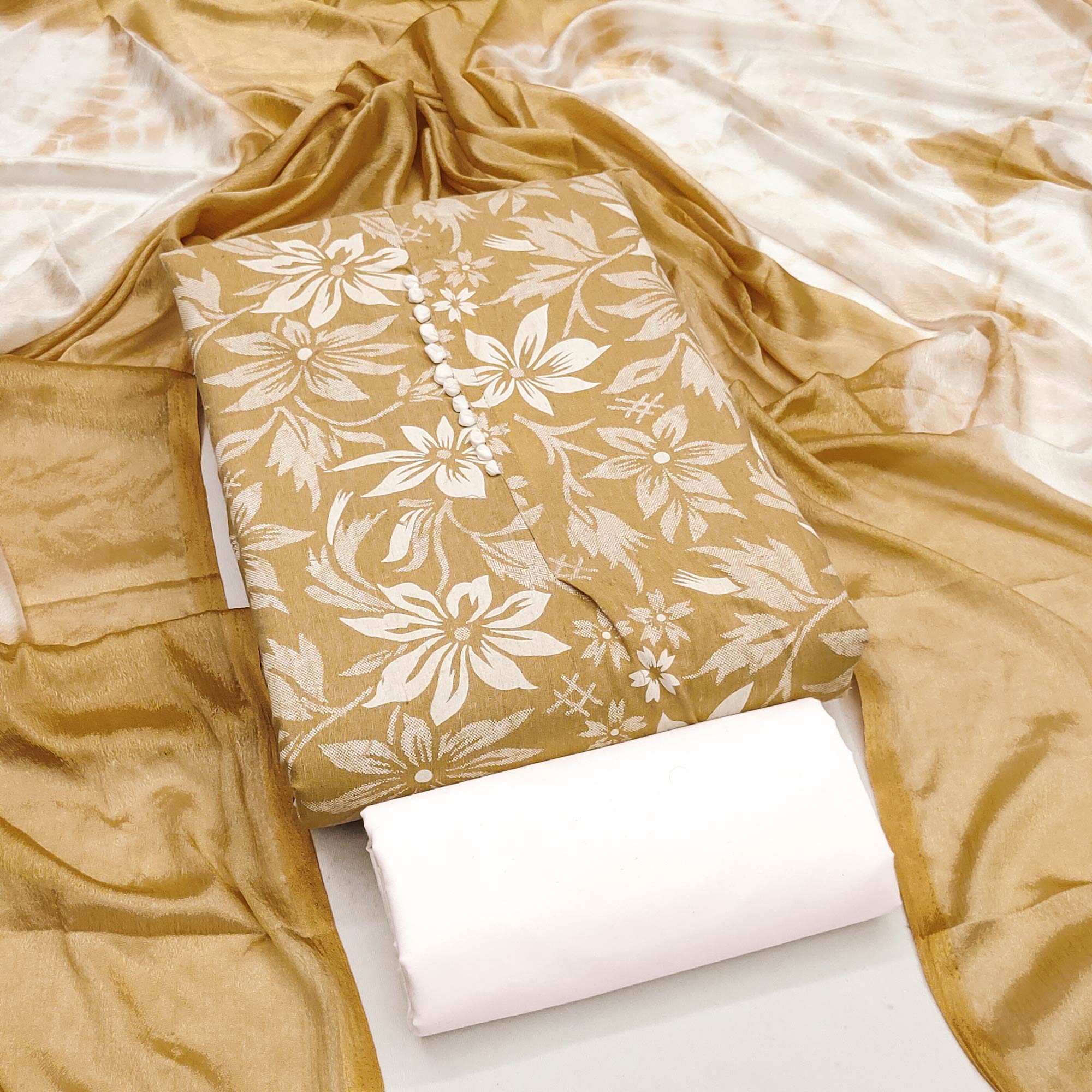 Mustard Cotton Blend Dress Material Adorned With Floral Printed Work