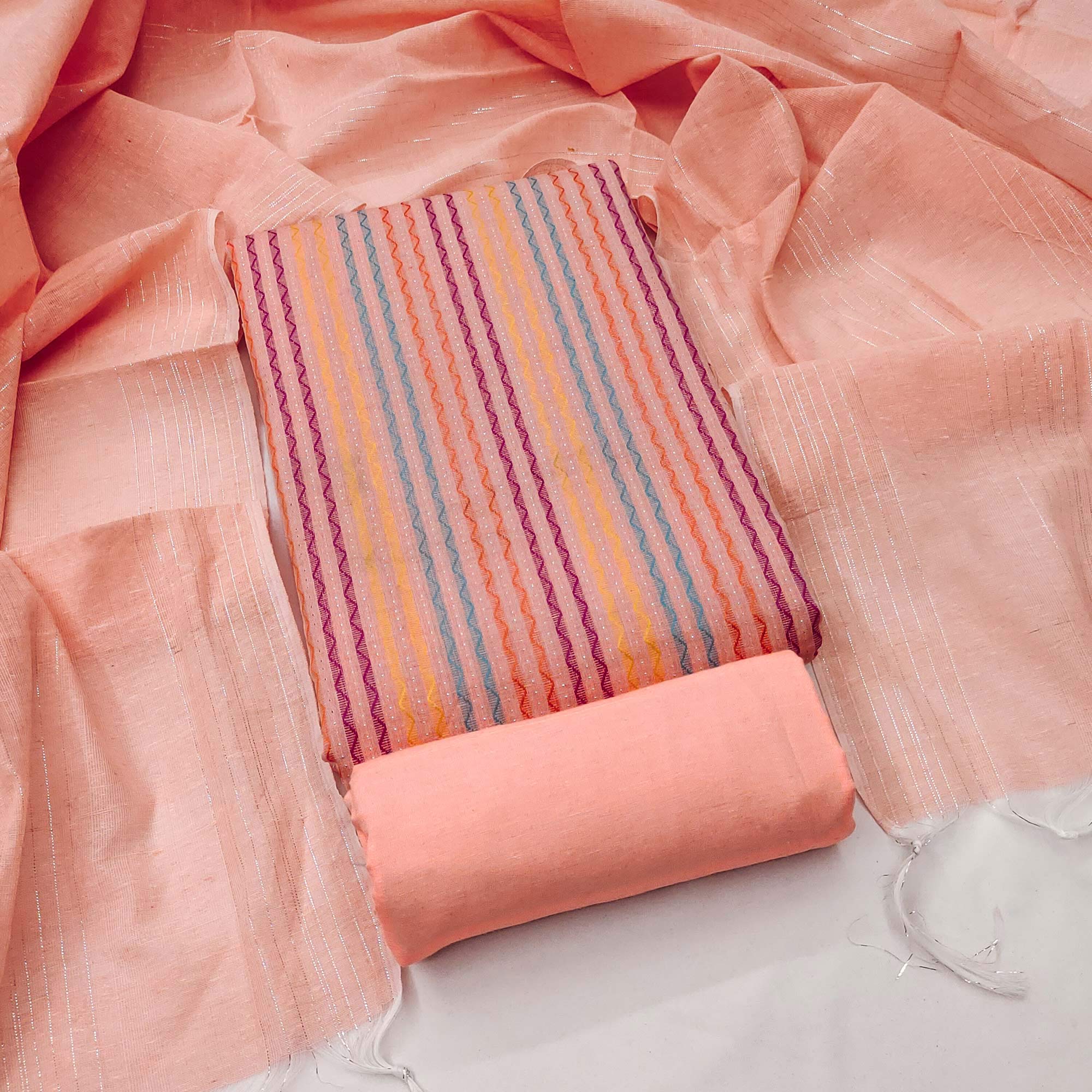 Peach Poly Cotton Blend Dress Material Highlighted With Striped Woven Work