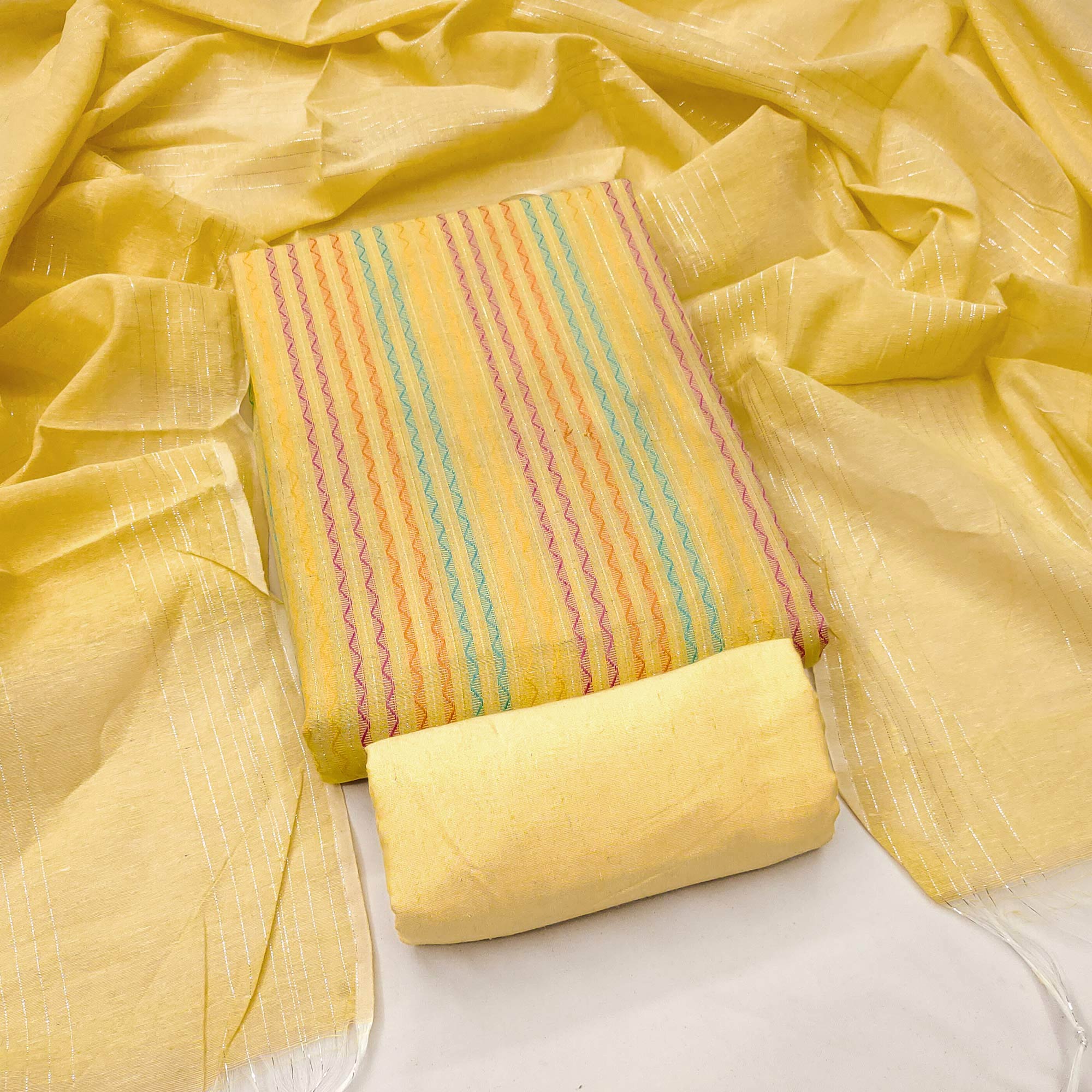 Yellow Poly Cotton Blend Dress Material Highlighted With Striped Woven Work
