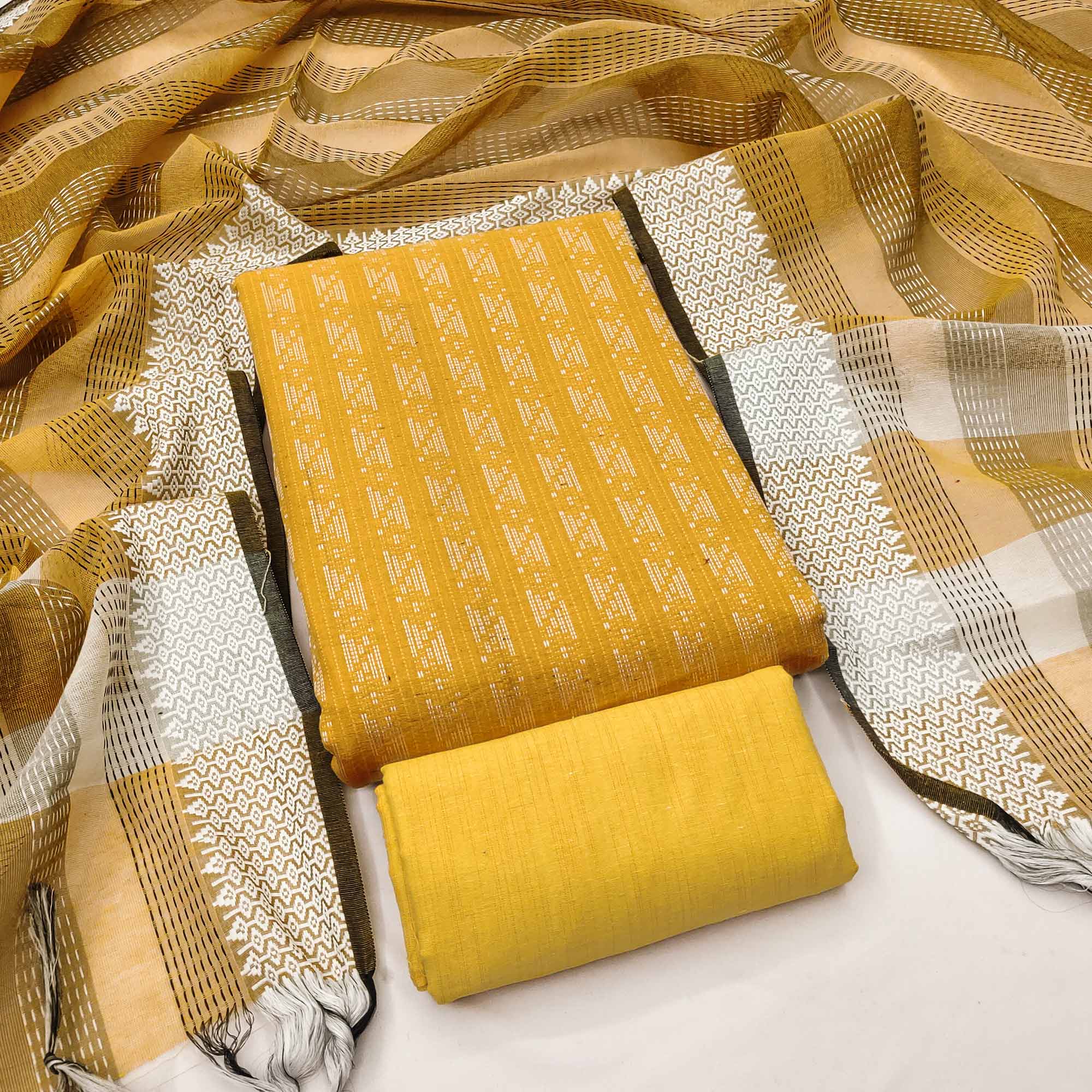 Yellow Poly Cotton Blend Dress Material With Striped Pattern Weaving Work