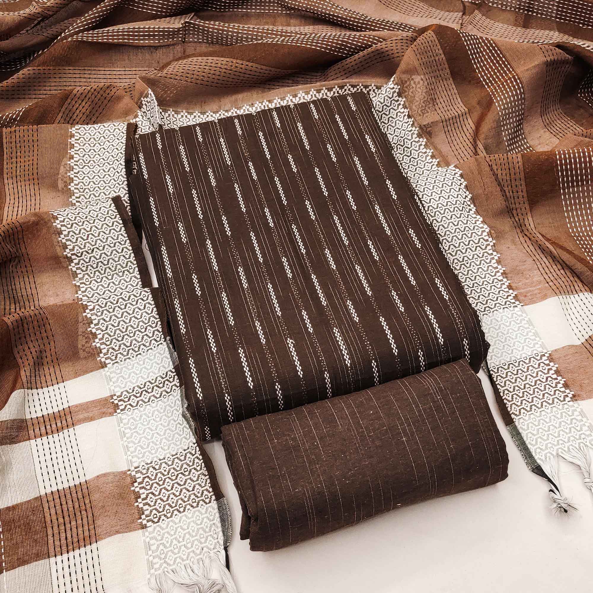 Brown Poly Cotton Blend Dress Material Adorned With Striped Weaving Work