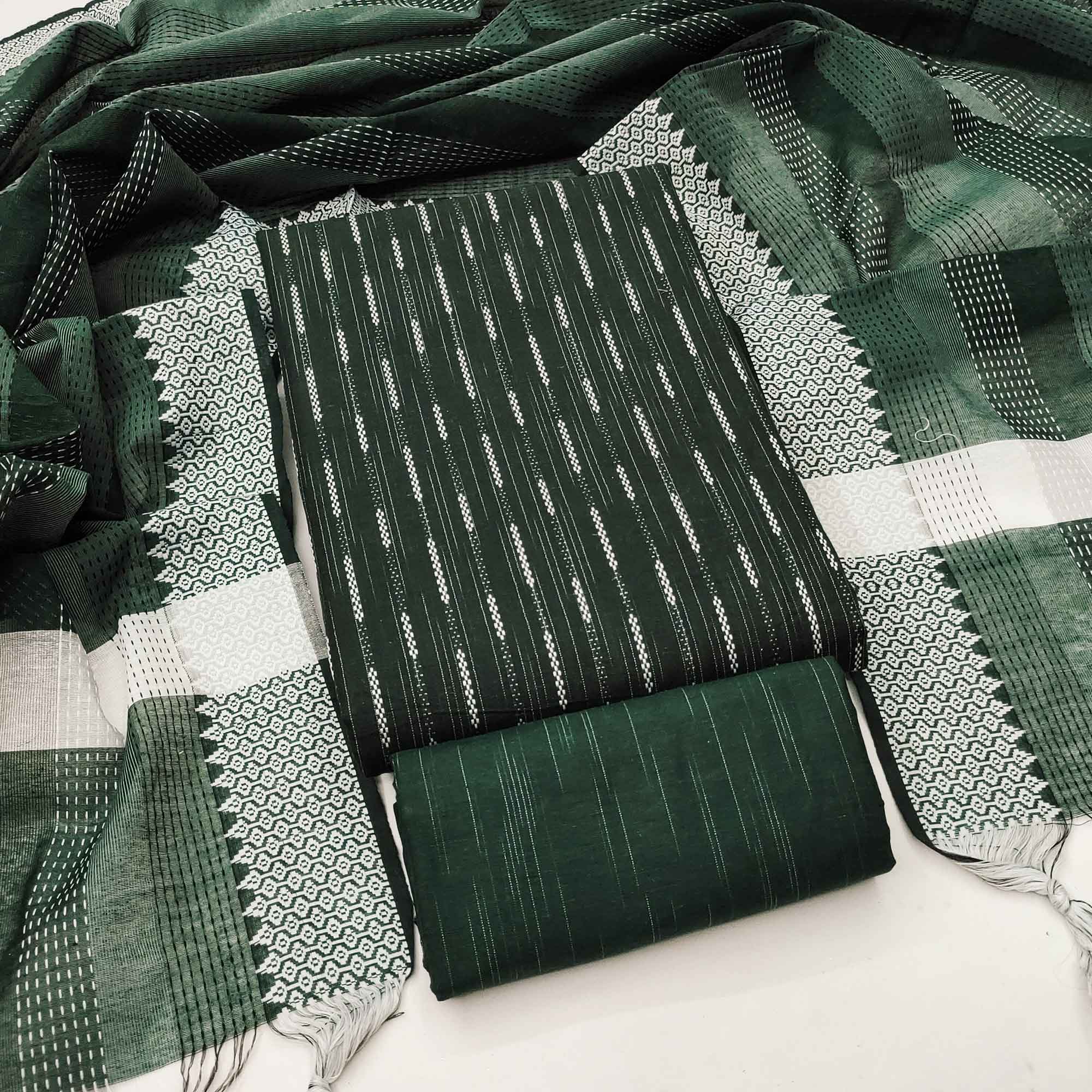Green Poly Cotton Blend Dress Material Adorned With Striped Weaving Work