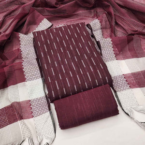 Wine Poly Cotton Blend Dress Material Adorned With Striped Weaving Work